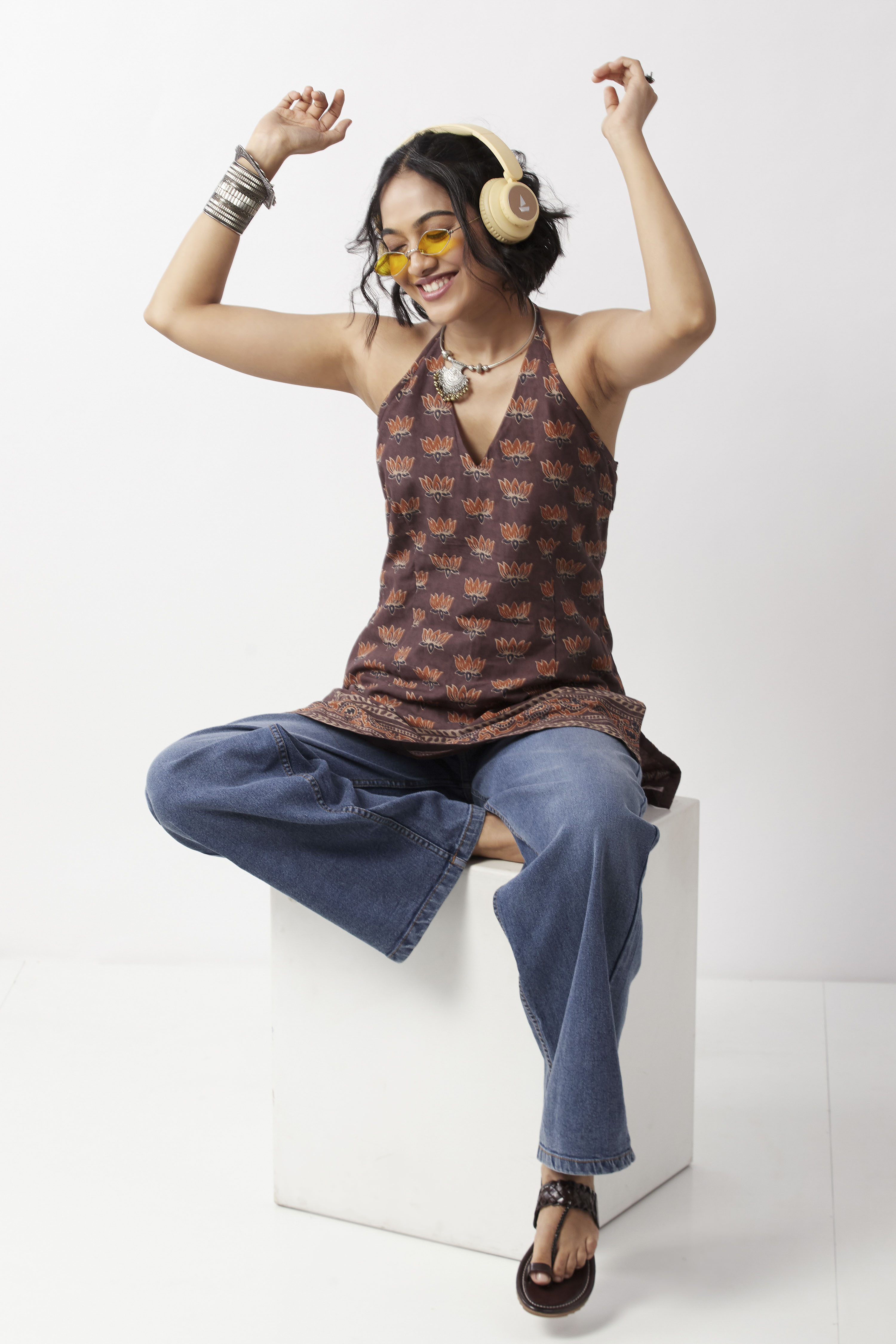 Brown Cotton Floral Printed Halter Kurti image number 0
