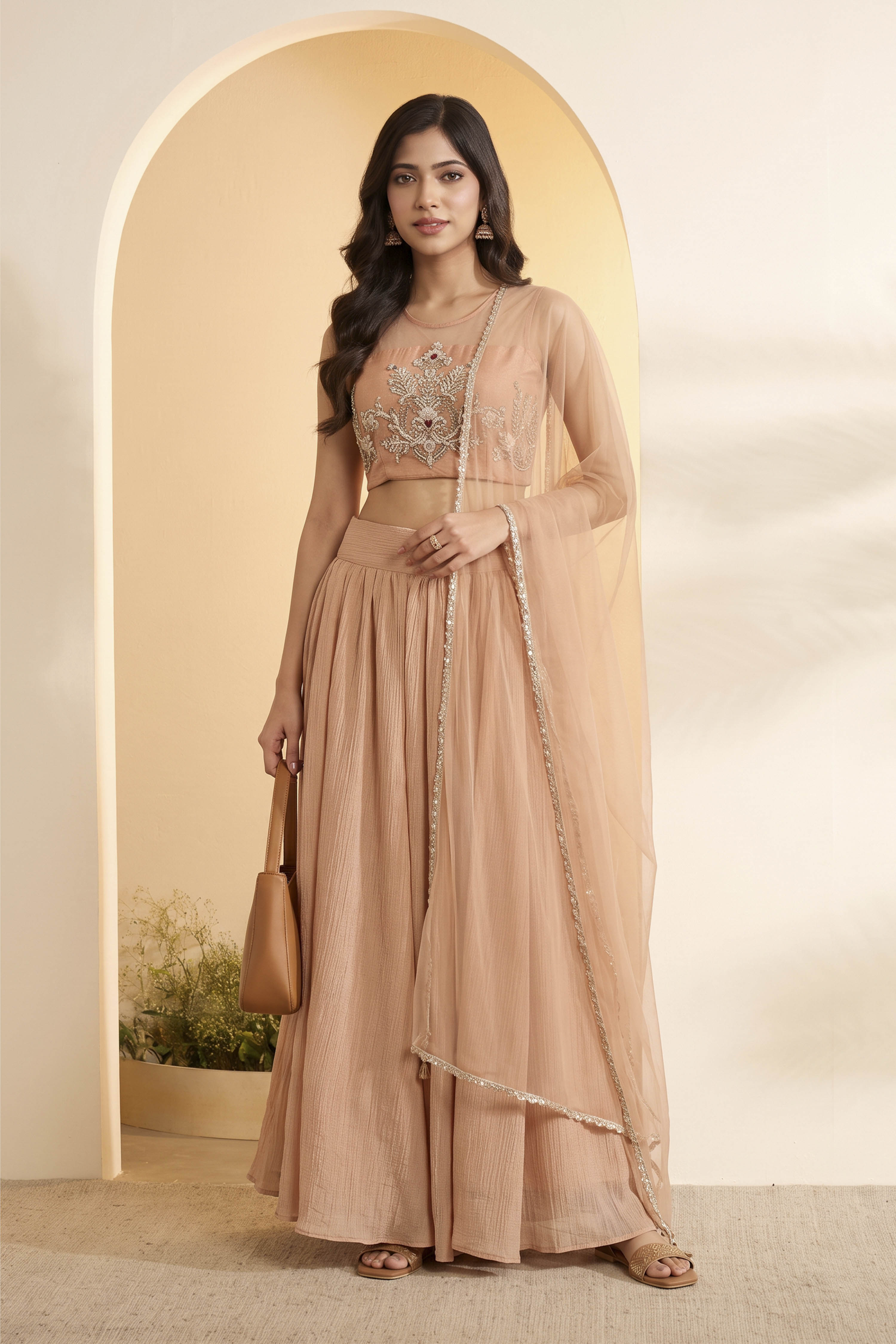 Peach Nylon Straight Lehenga Set image number 0