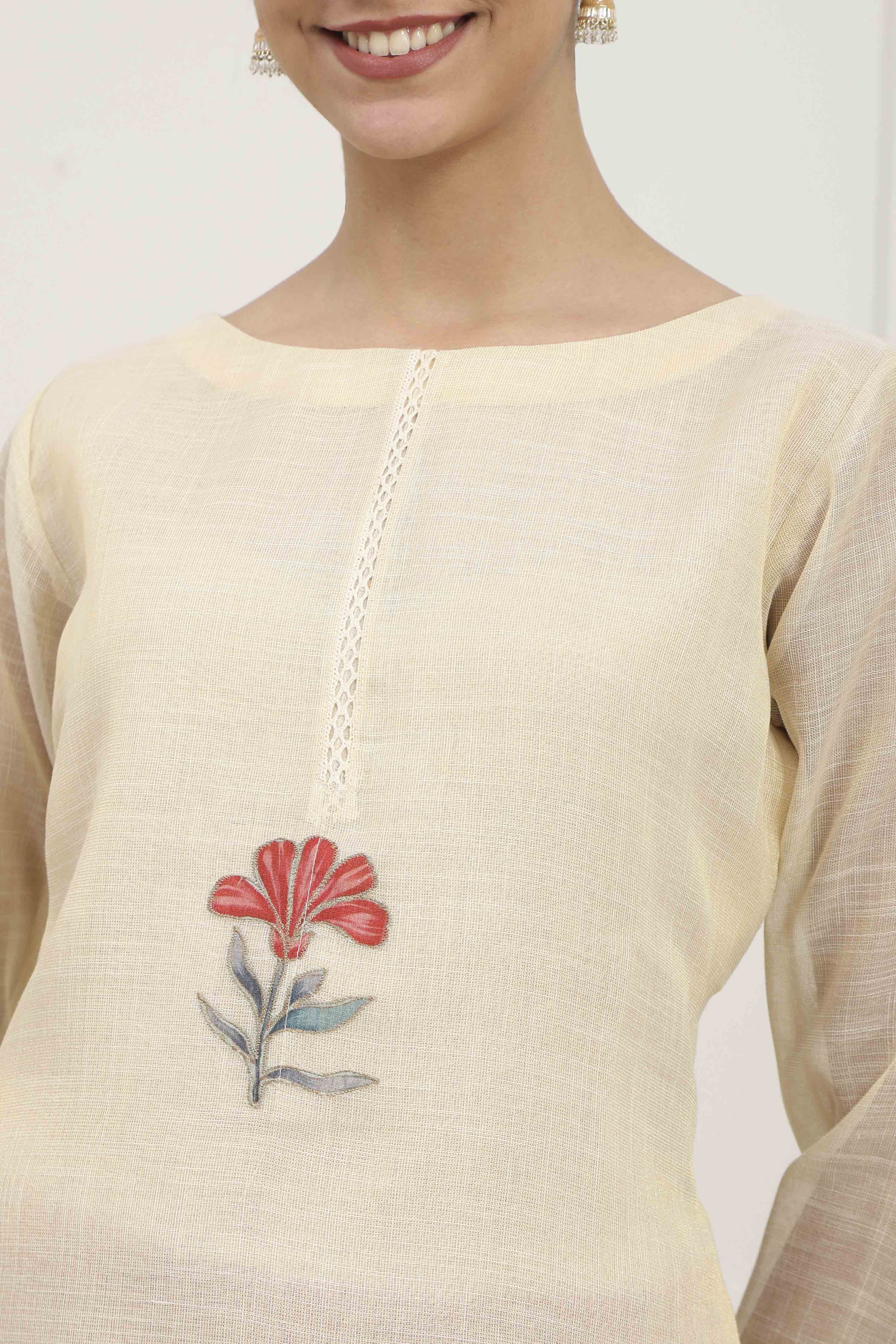 Beige Red Tissue Applique Unstitched Suit Set image number 2