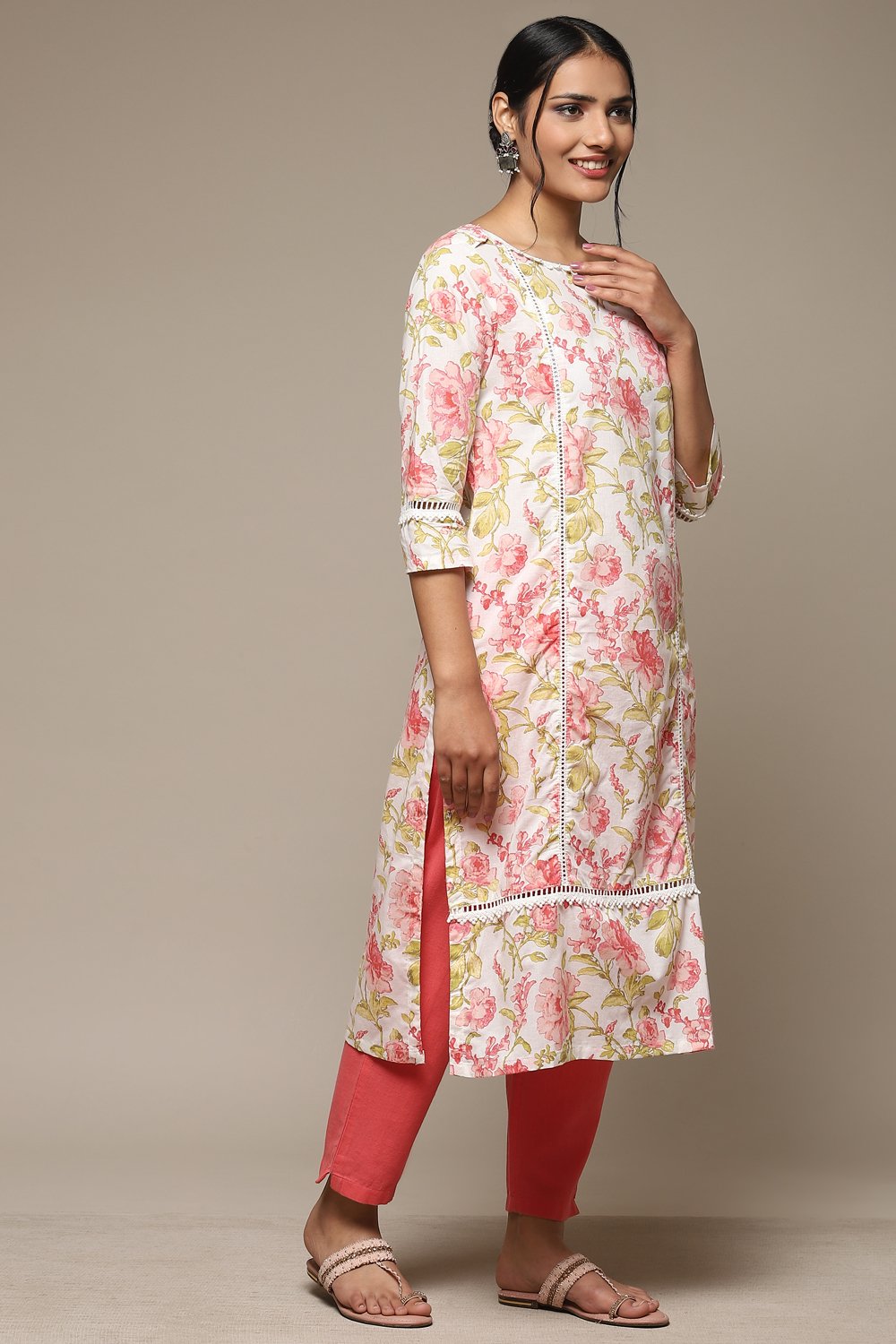 Pink Cotton Straight Printed Kurta image number 2