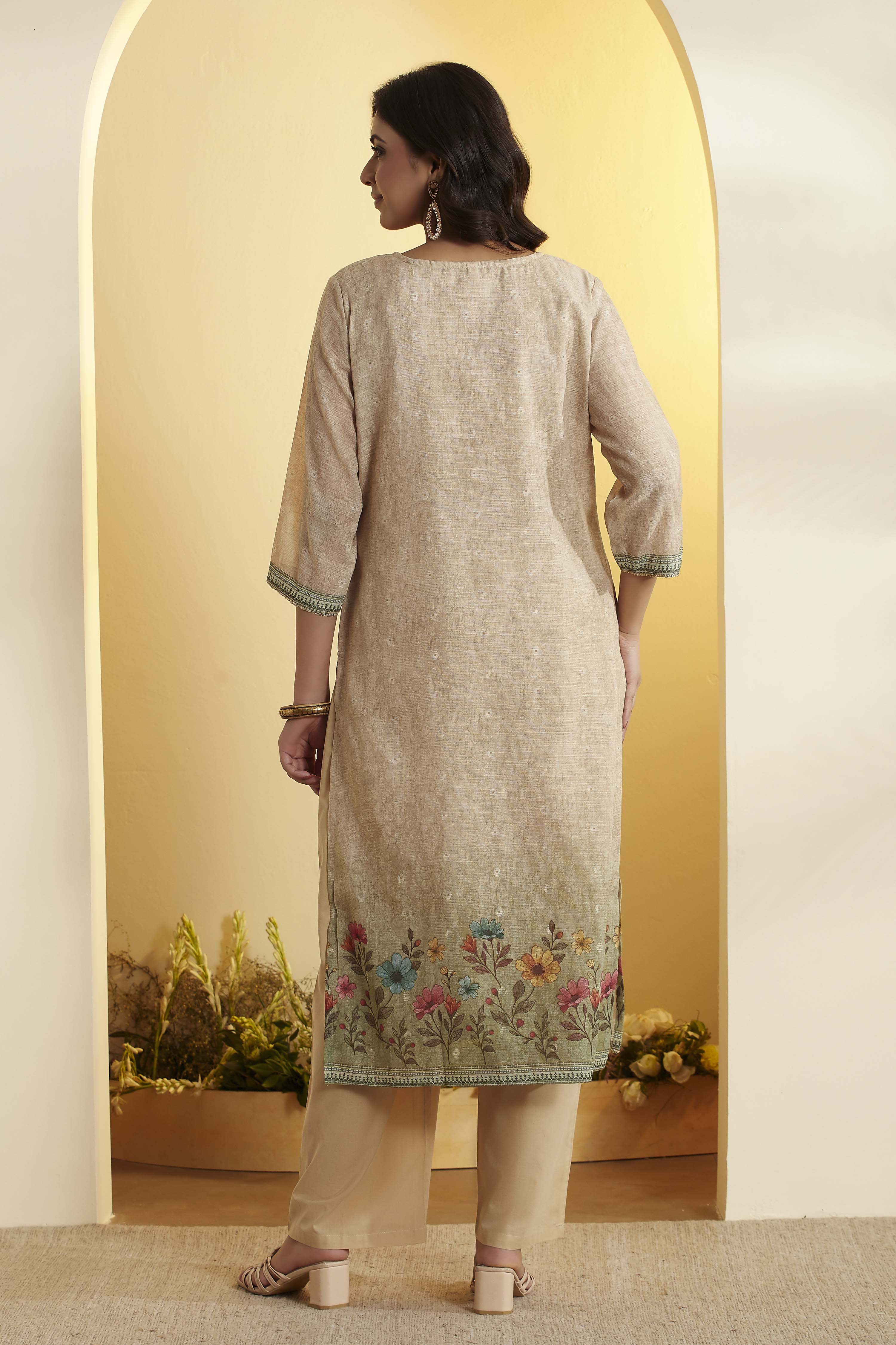 Blue Poly Linen Straight Suit Set image number 5