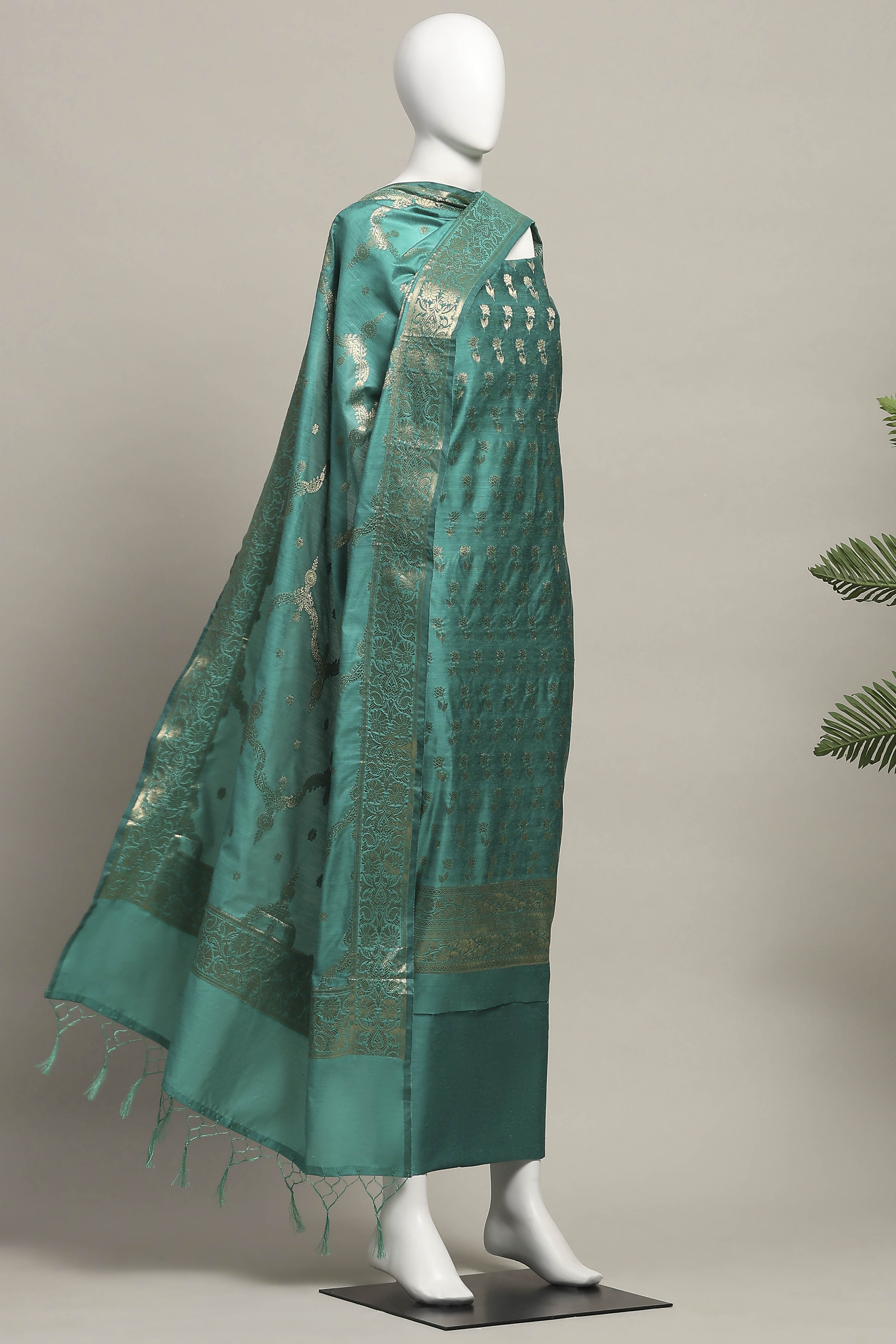 Turquoise Cotton Printed Embroidered Unstitched Suit Set image number 4