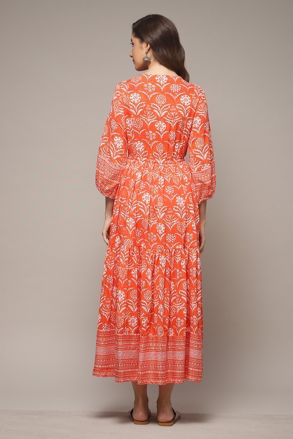 Orange Printed Tiered Dress image number 2