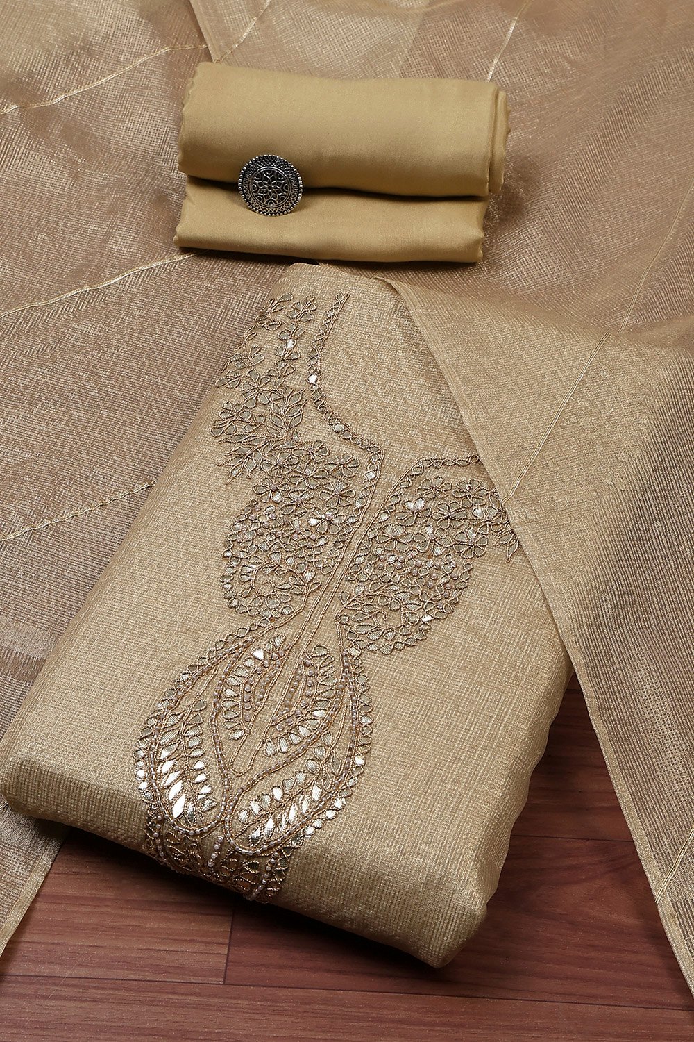 Peach-Toned Tissue Embroidered Unstitched Suit Set image number 0