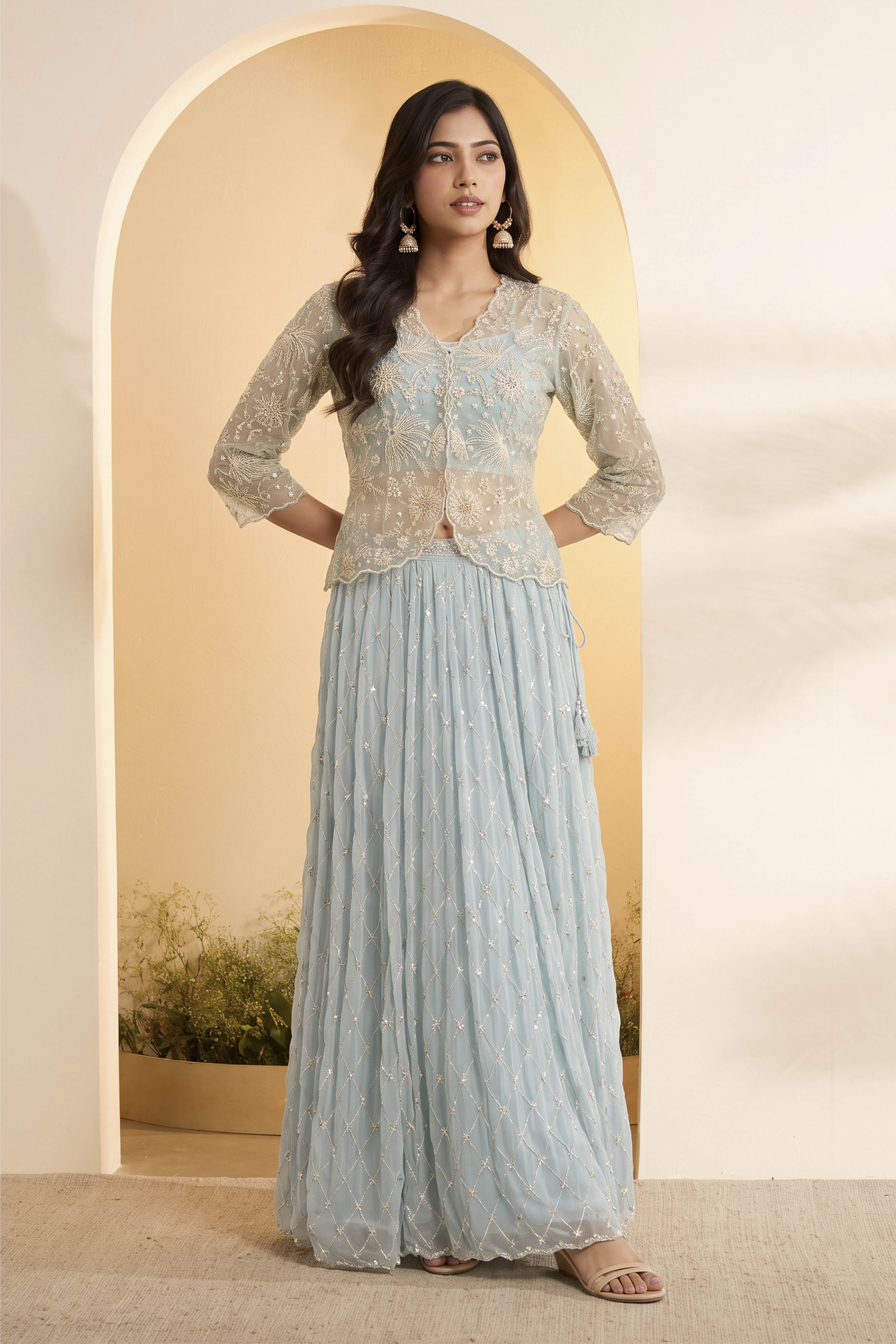 Powder Blue Embroidered Kalidar Fusion Set image number 0