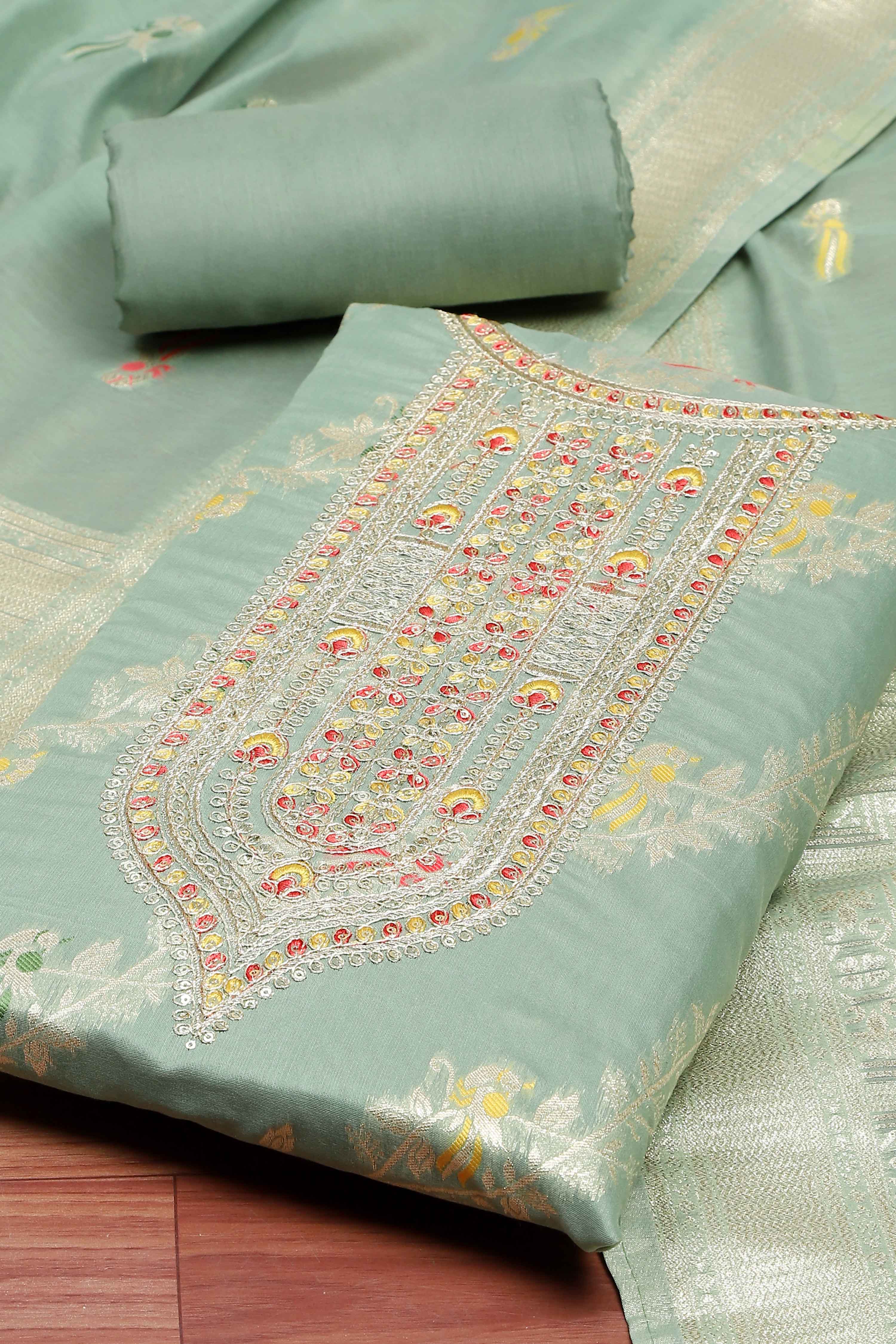 Pink Tissue Chanderi Embroidered Unstitched Suit Set image number 1