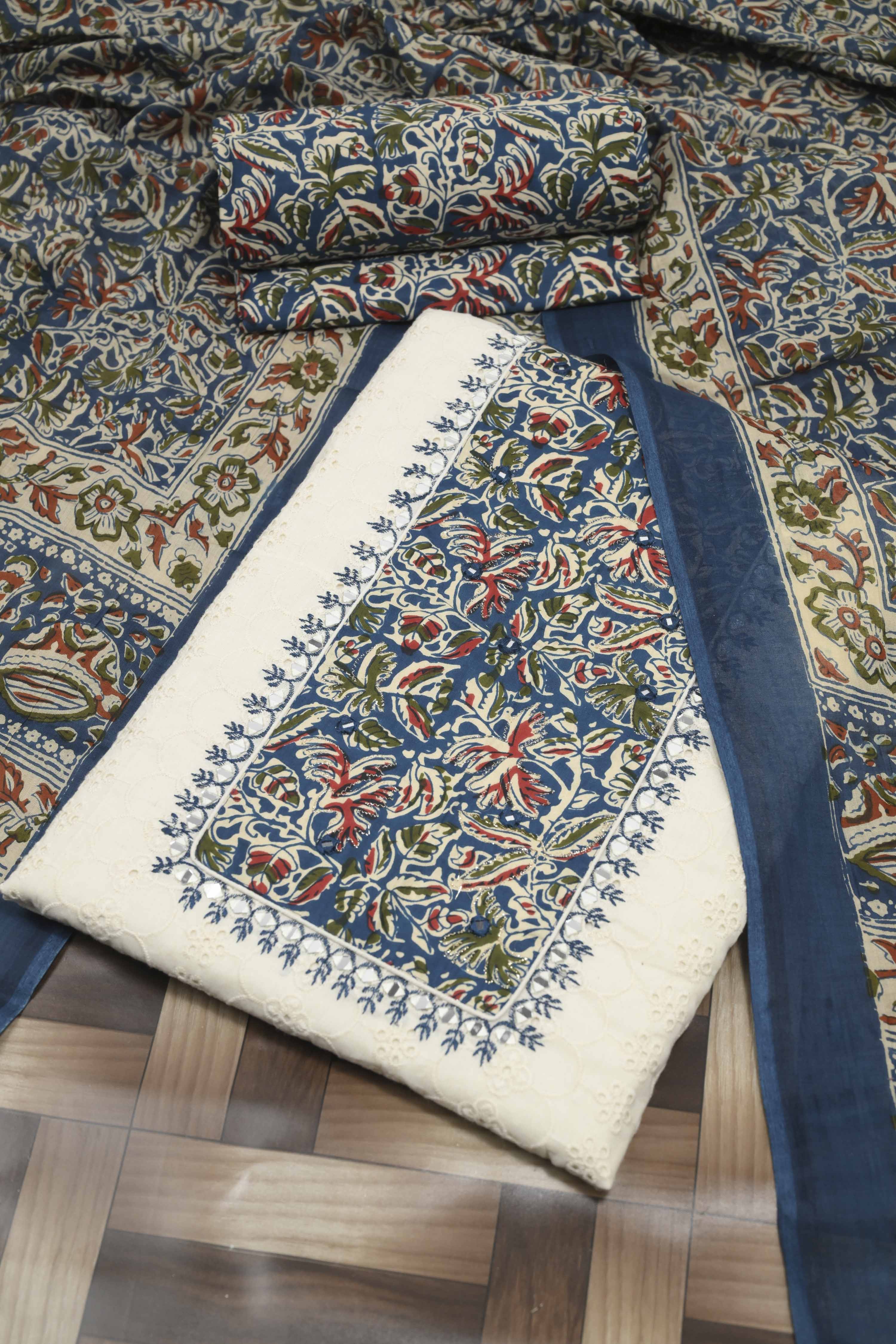 Blue Cotton Printed Unstitched Suit Set image number 0