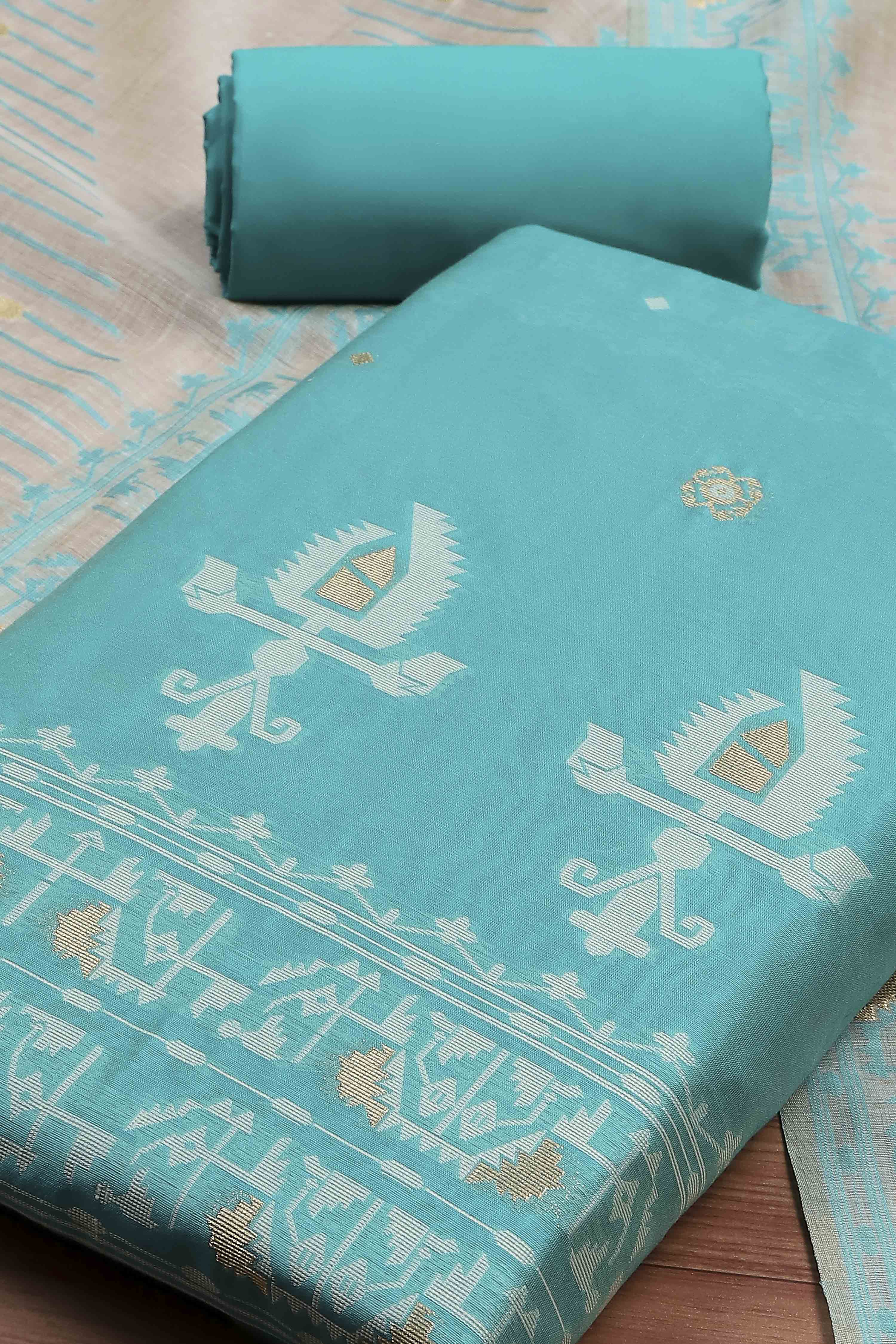 Blue Cotton Jamdani Unstitched Suit Set image number 1