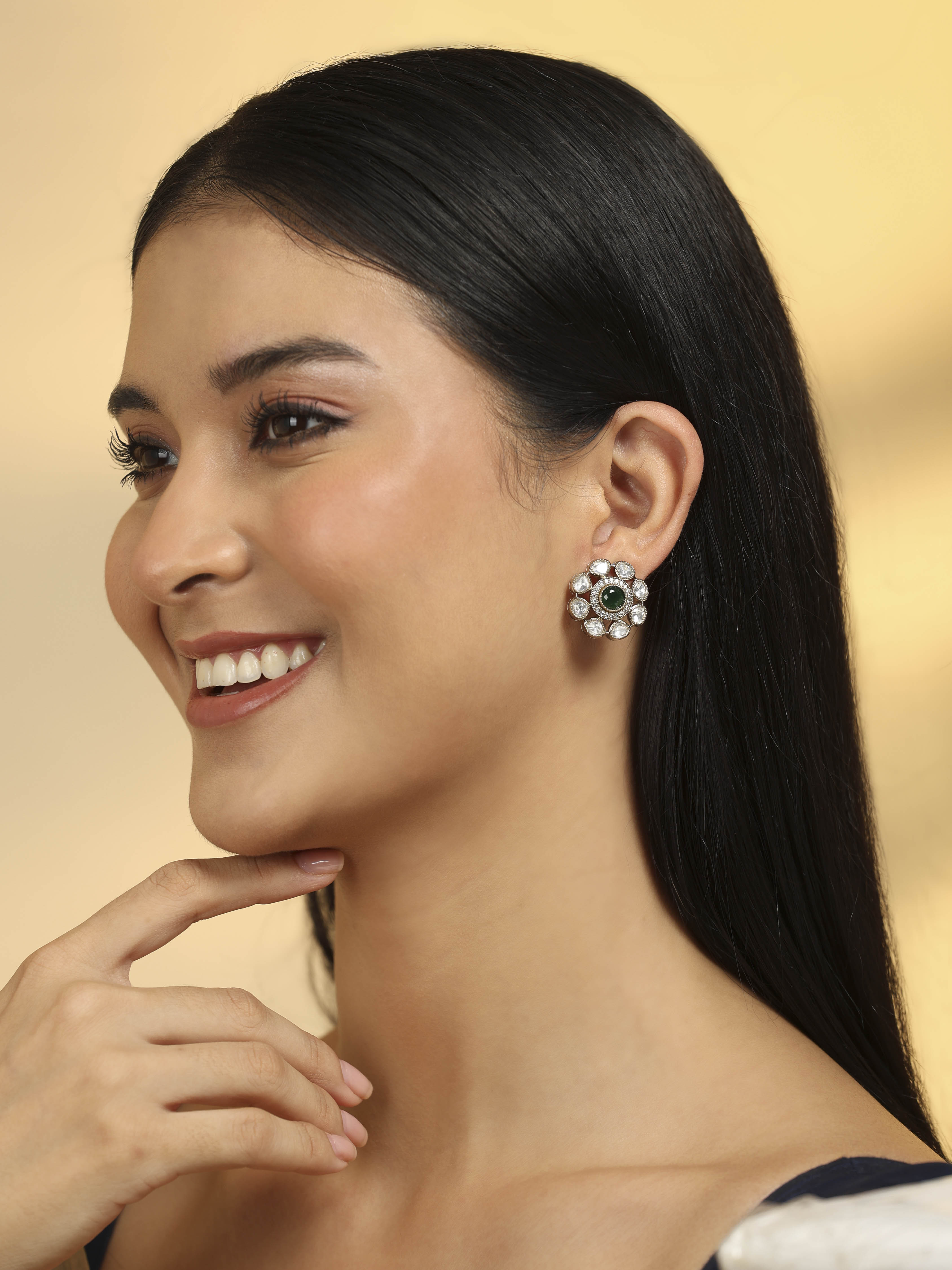 Green Gold Plated Brass Floral Studs image number 3