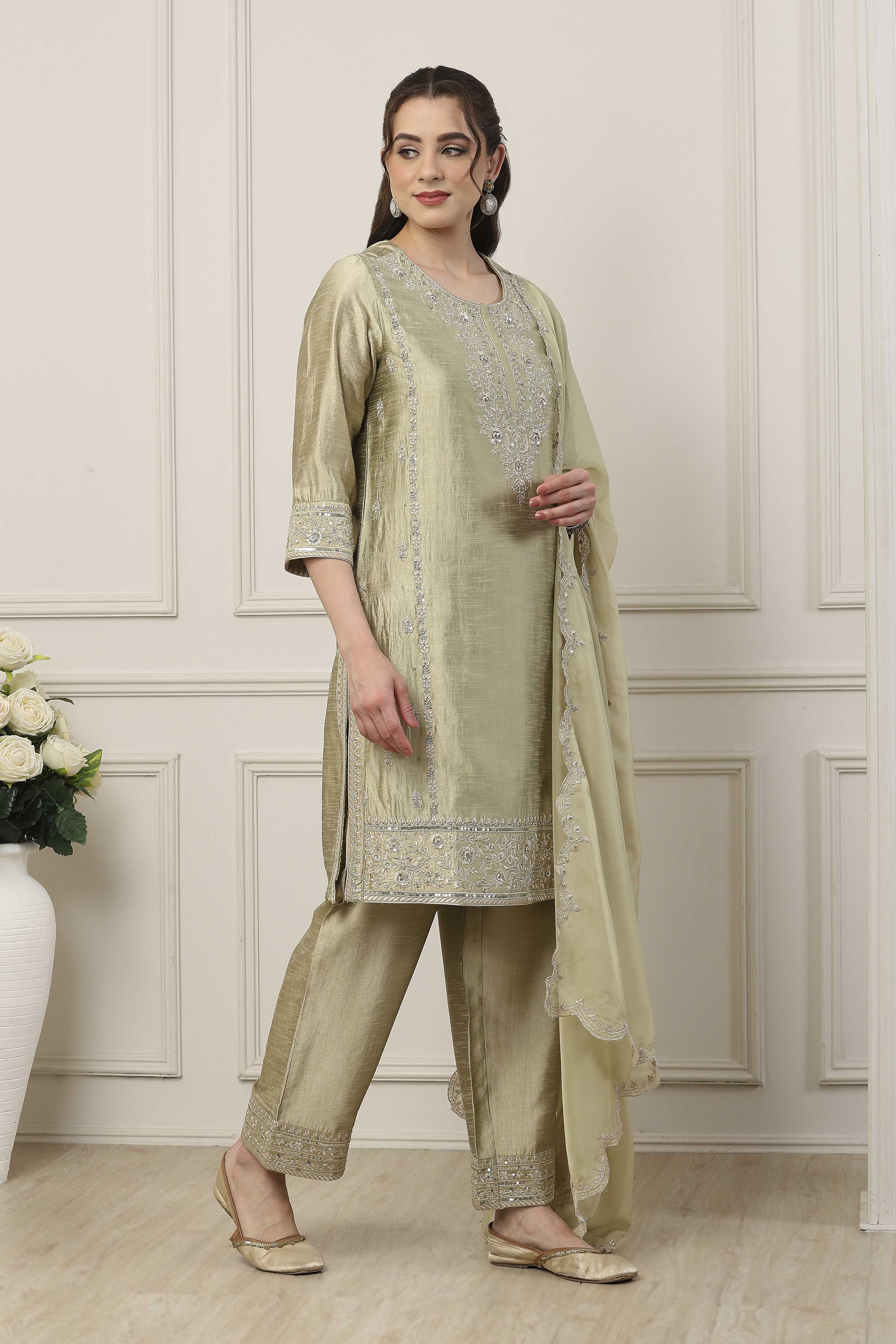 Green Poly Viscose Straight Suit Set image number 5