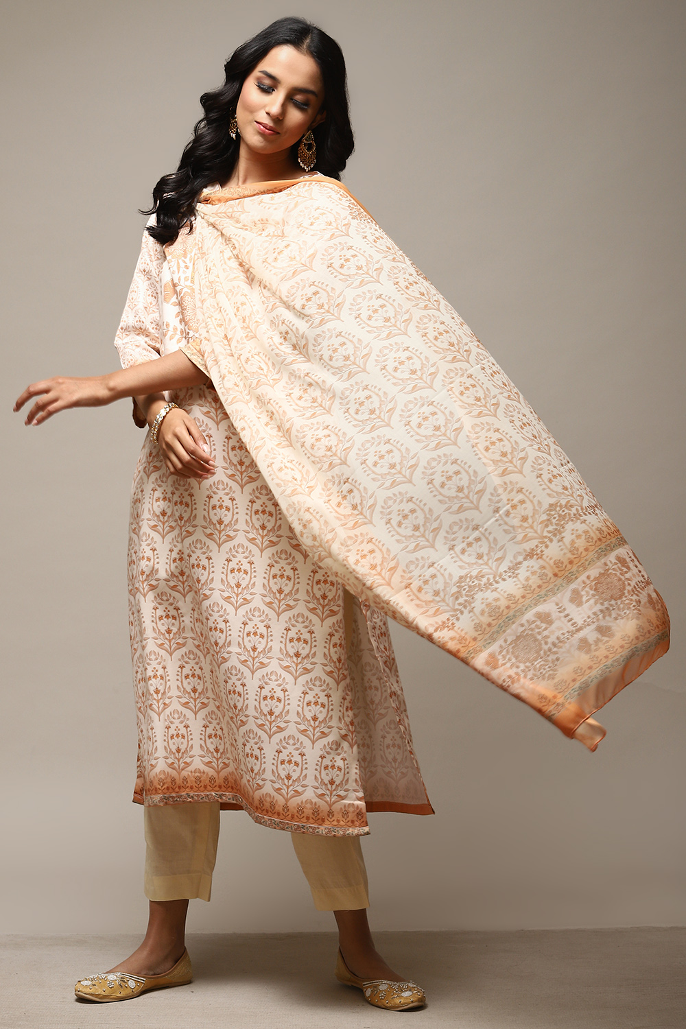 Beige Cotton Screen Print Unstitched Suit Set image number 1