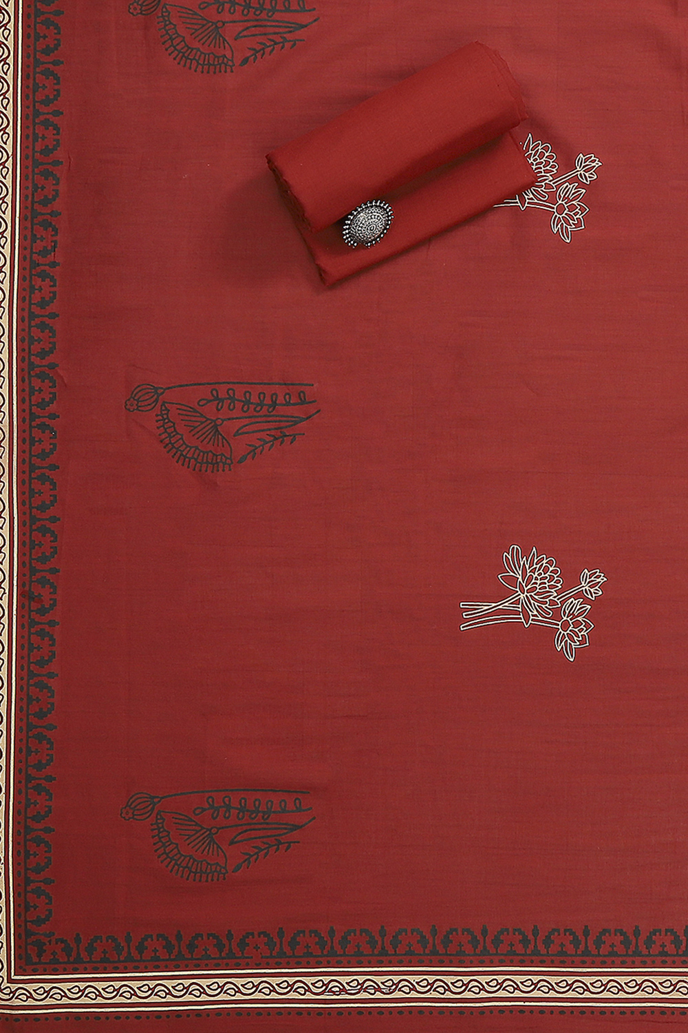 Red Cotton Hand Block Print Unstitched Suit Set image number 3