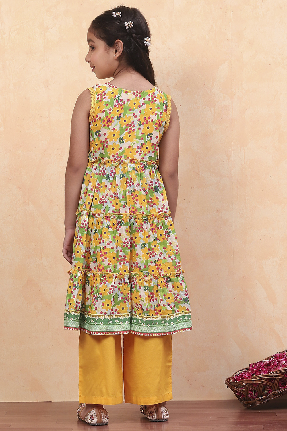Coral Pure Cotton Floral Printed Tiered Suit Set image number 4