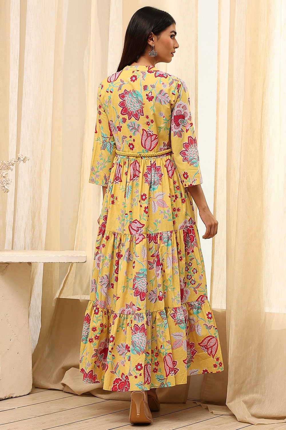 Earthy Blue Cotton Floral Tiered Dress image number 4