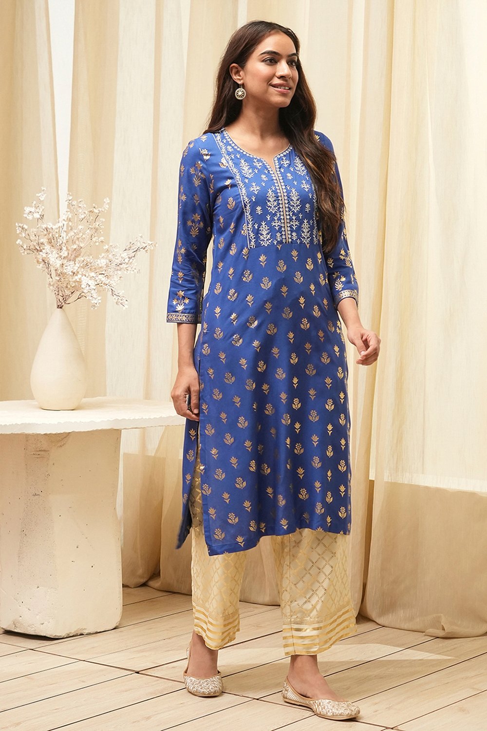 Navy Blue Rayon Straight Kurta Pants Set image number 5
