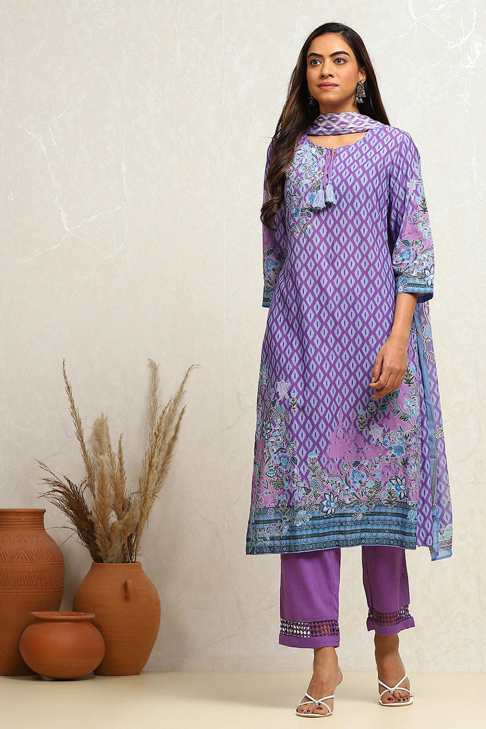 Purple Cotton Printed Straight Suit Set image number 6