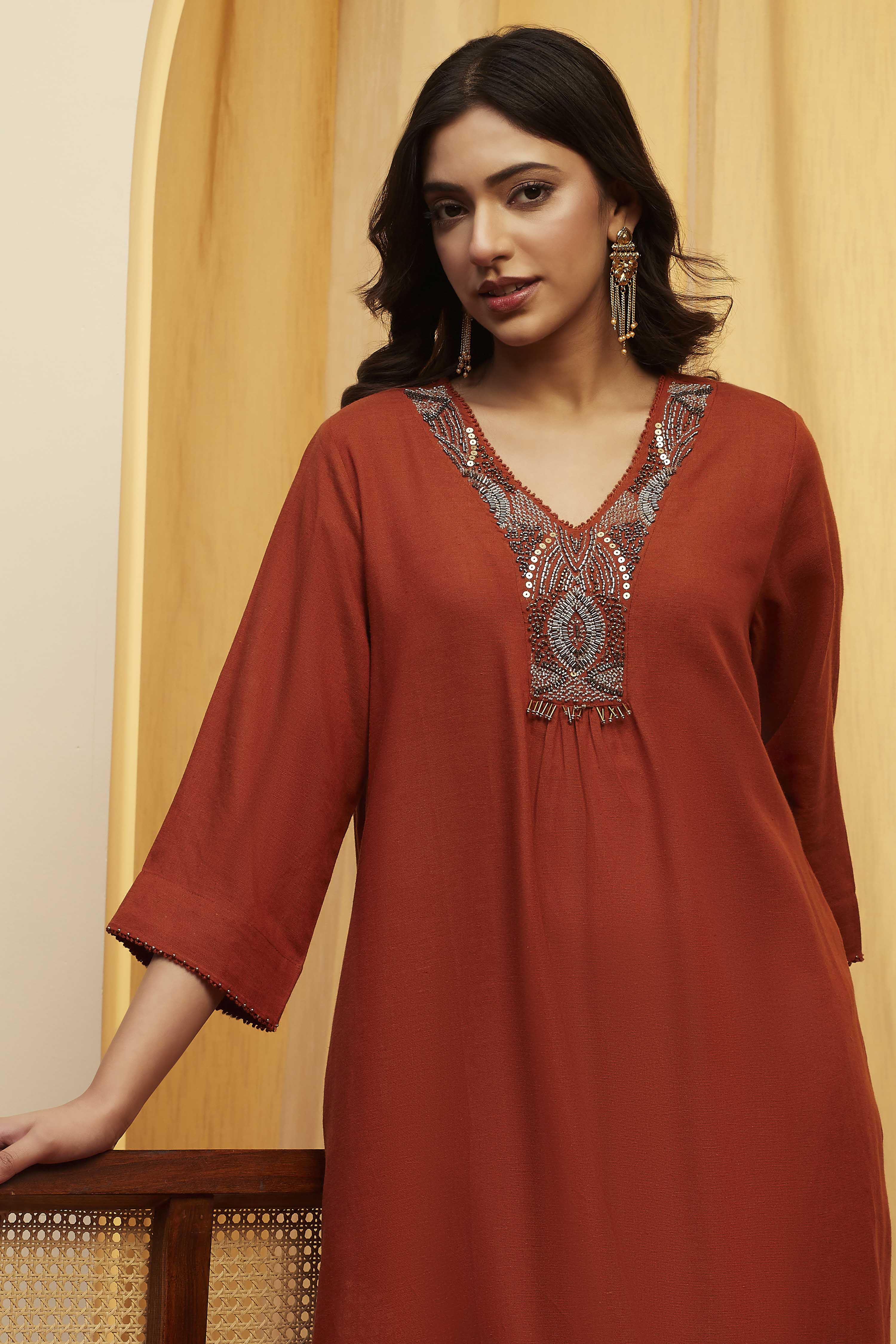 Rust Viscose Rayon Embellished Straight Kurta image number 1