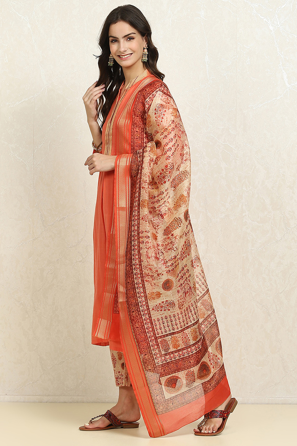 Maroon Cotton Handloom Unstitched Suit Set image number 4