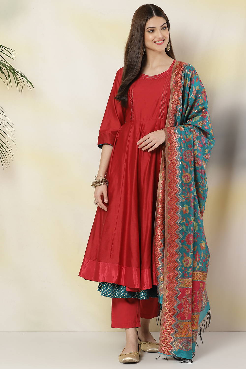 Magenta Cotton Silk Anarkali Kurta Churidar Suit Set image number 4