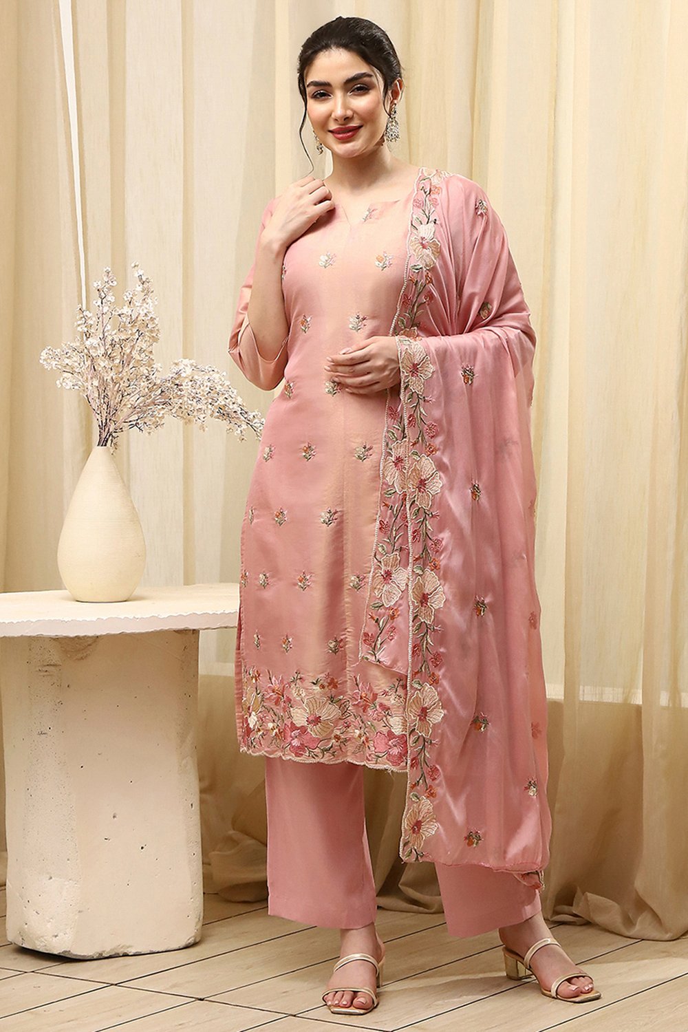 Coral Tissue Machine Embroidered Unstitched Suit Set image number 1
