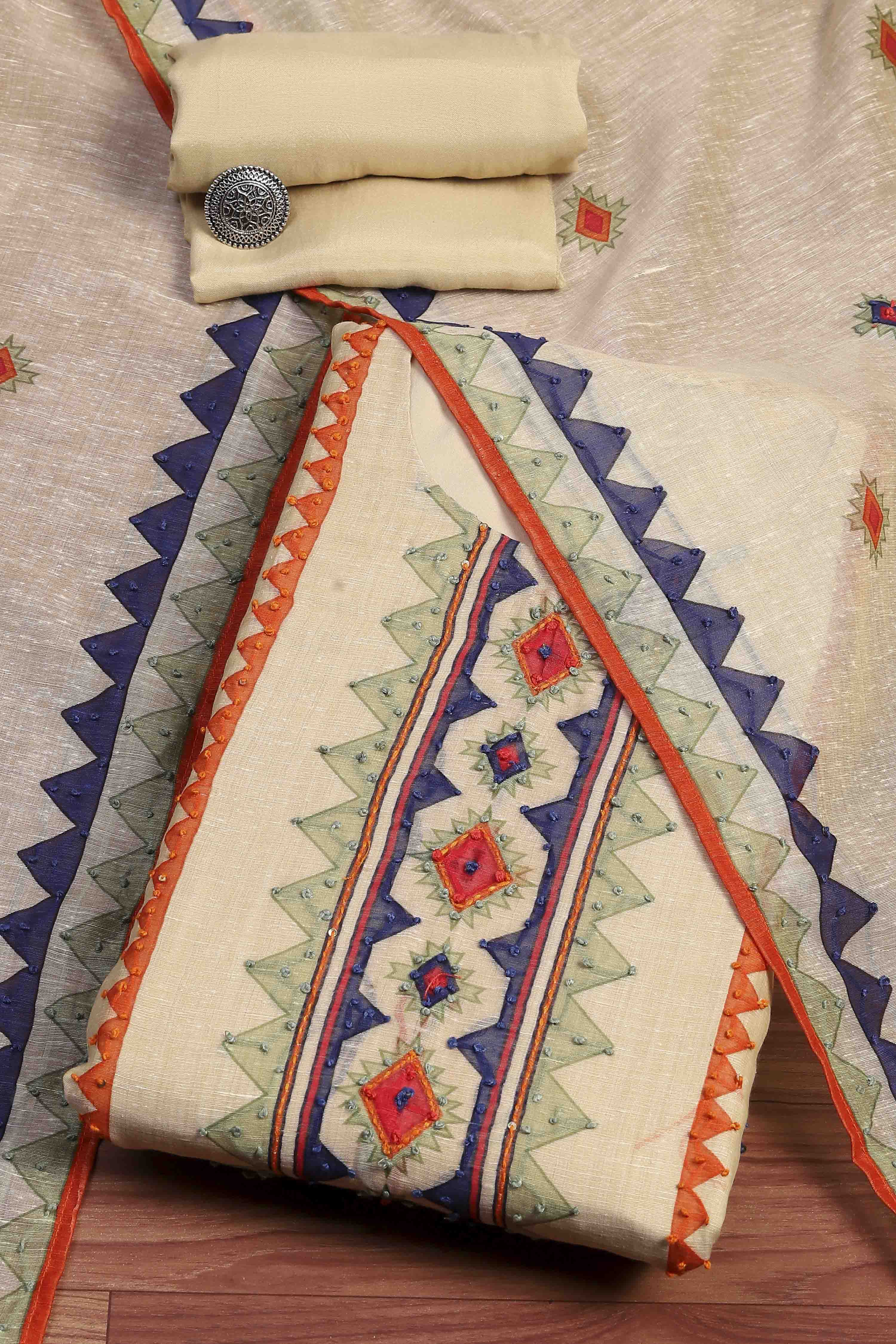 Beige Linen Blend Hand Painted Unstitched Suit Set image number 0