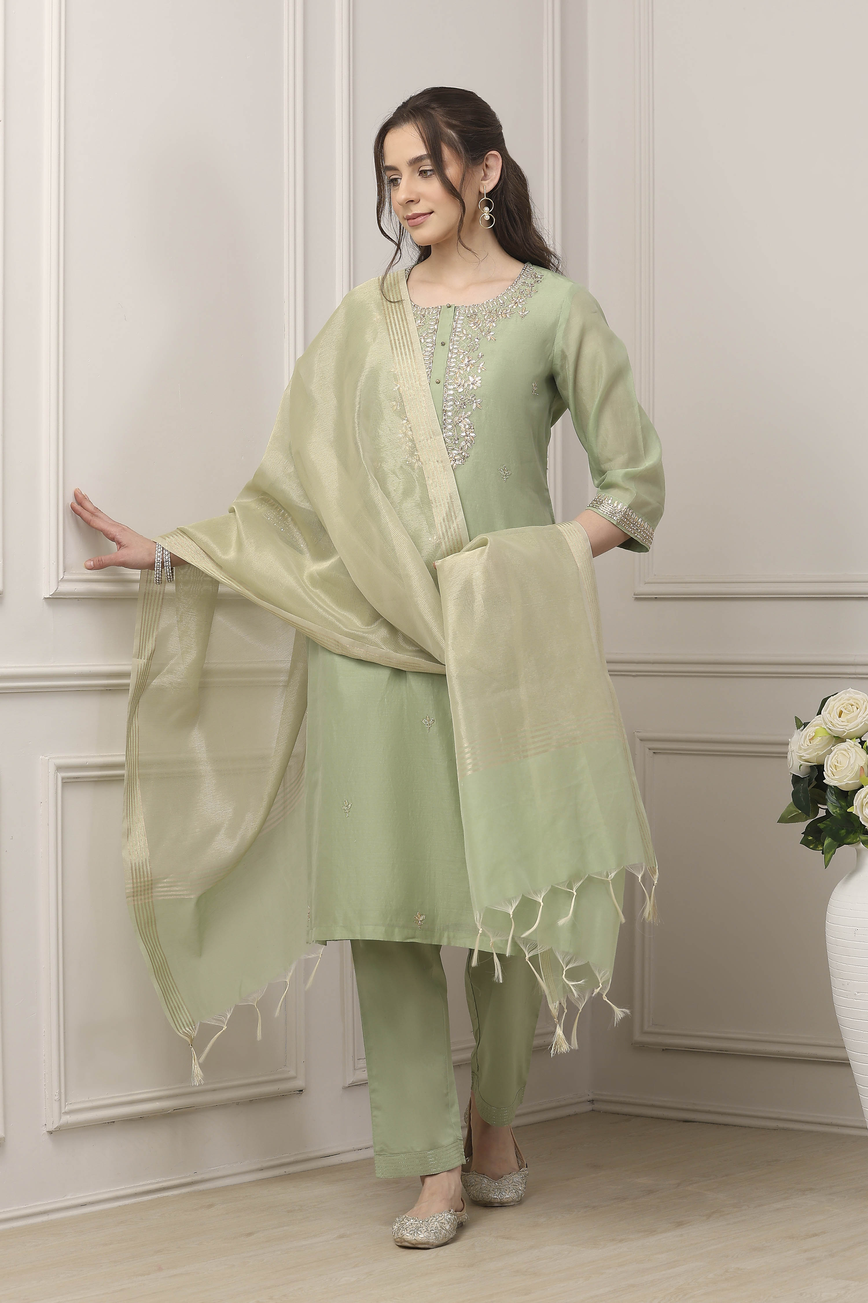 Green Poly Chanderi Sequin Embroidered Straight Suit Set image number 0