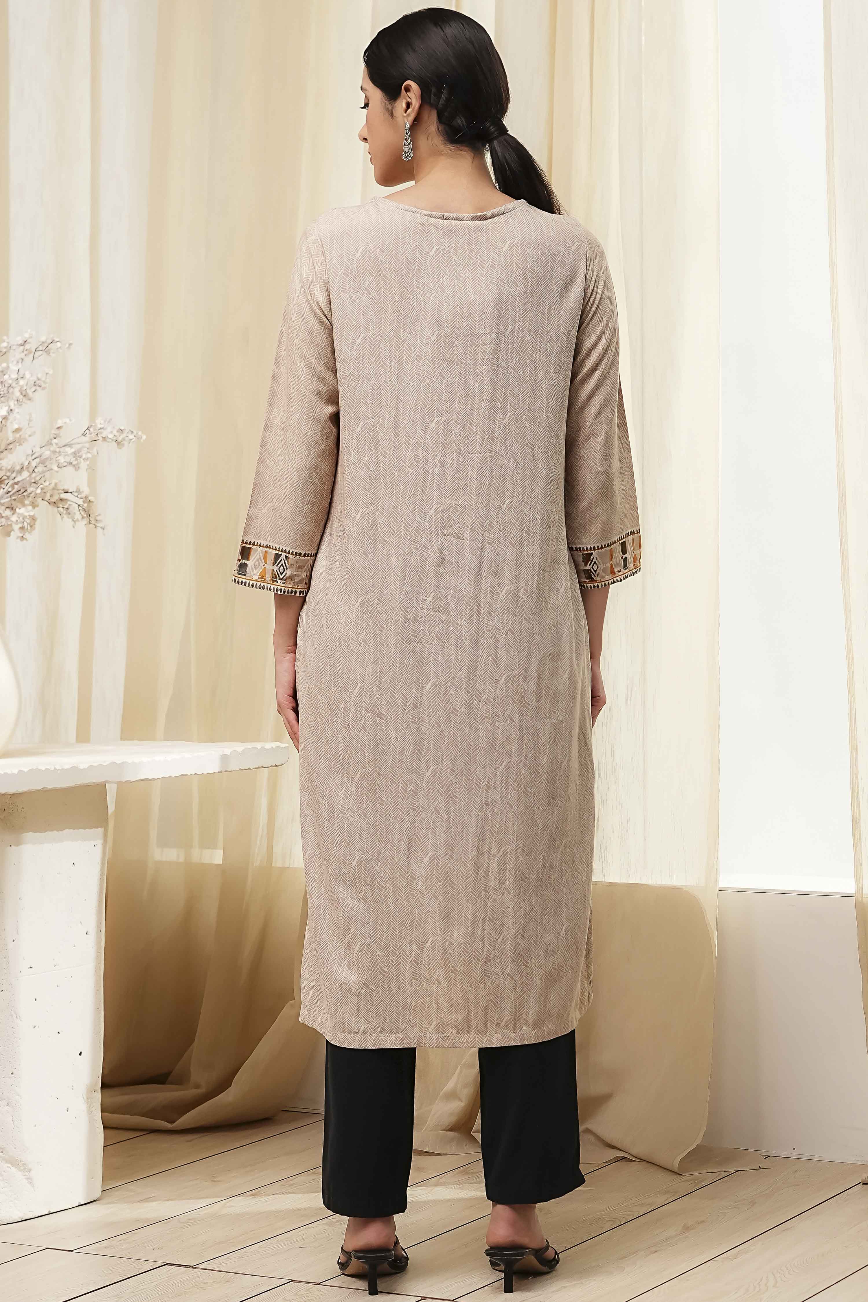 Beige Printed Straight Kurta image number 3
