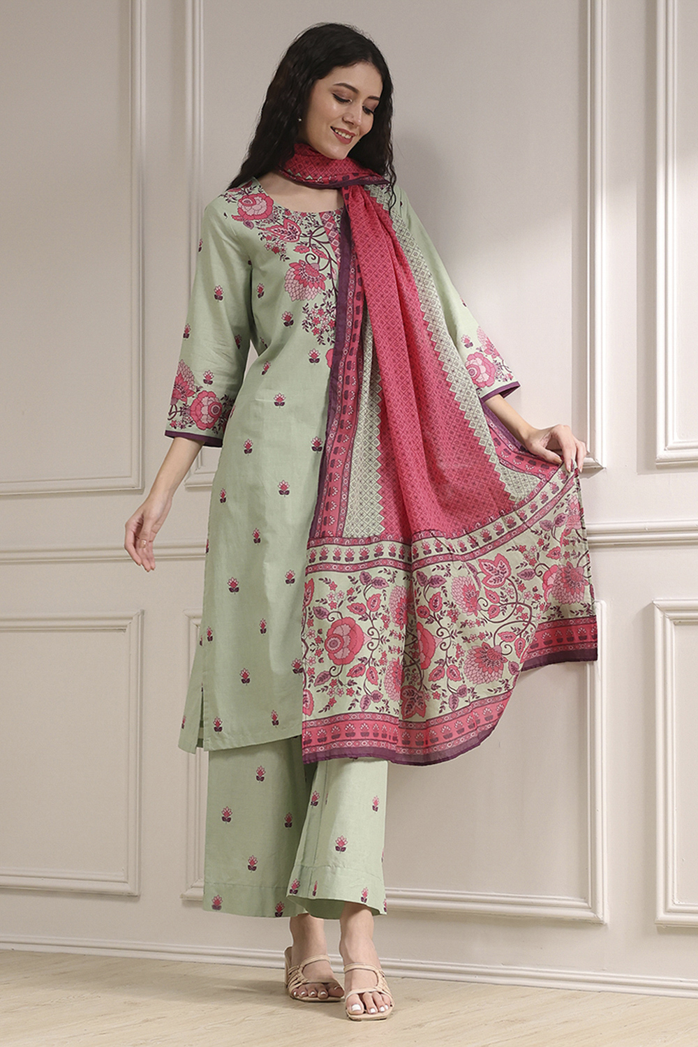 Sage Green Cotton Printed Straight Suit Set image number 0