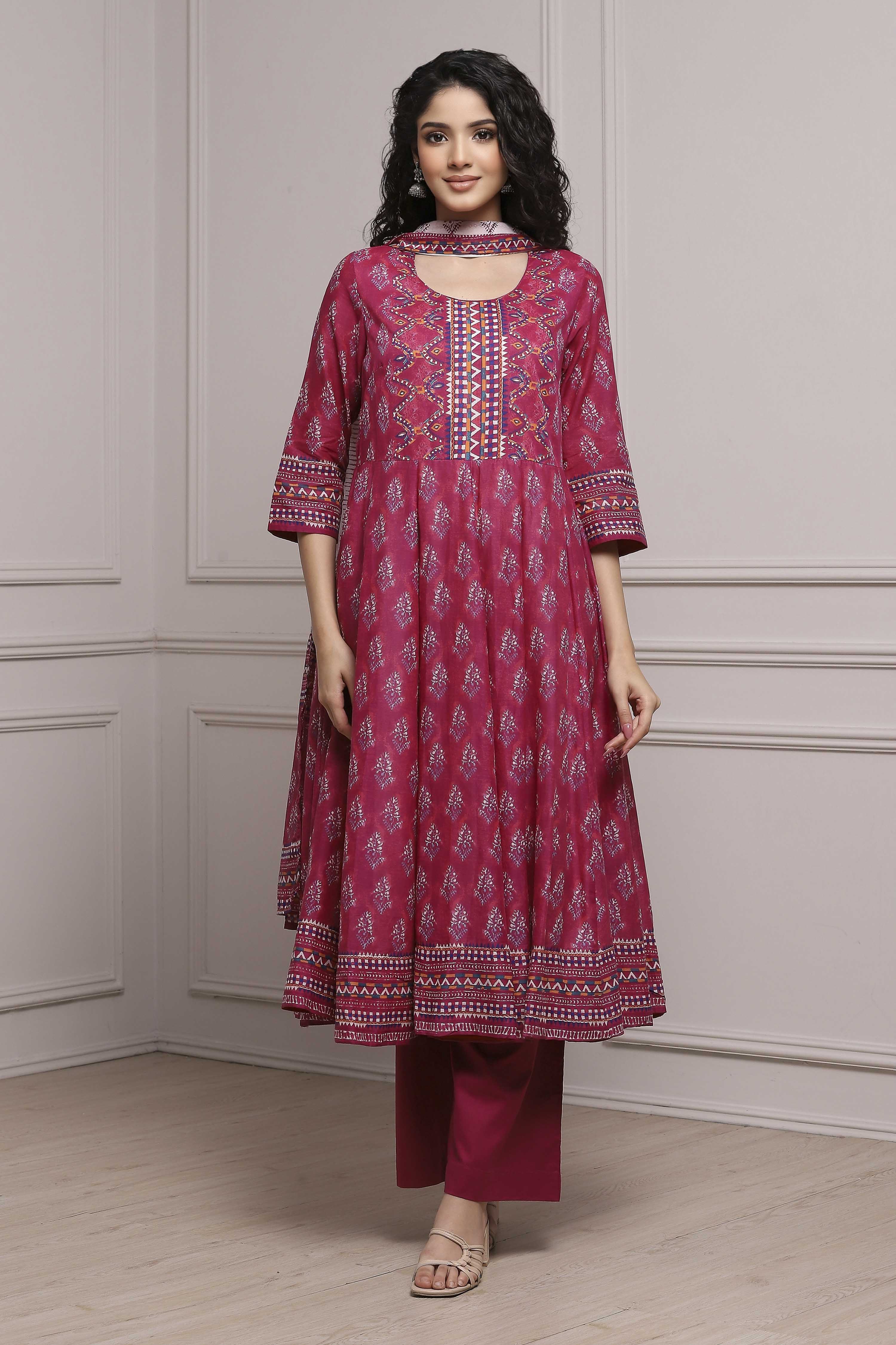 Magenta Cotton Anarkali Suit Set image number 6
