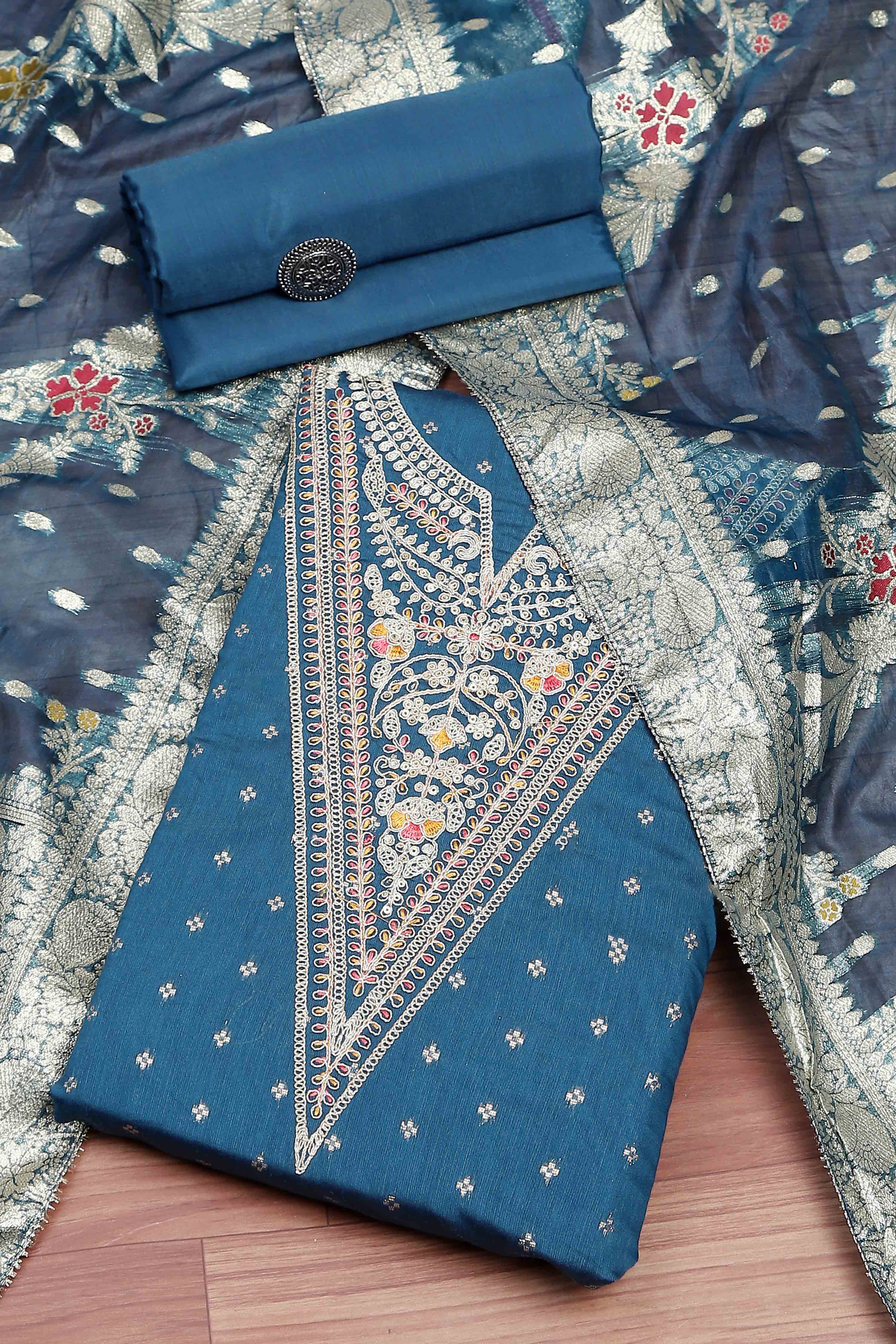 Botle Green Tissue Chanderi Embroidered Unstitched Suit Set image number 0
