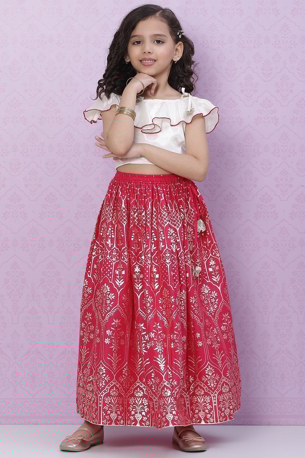 White And Pink Art Silk Flared Lehenga image number 0