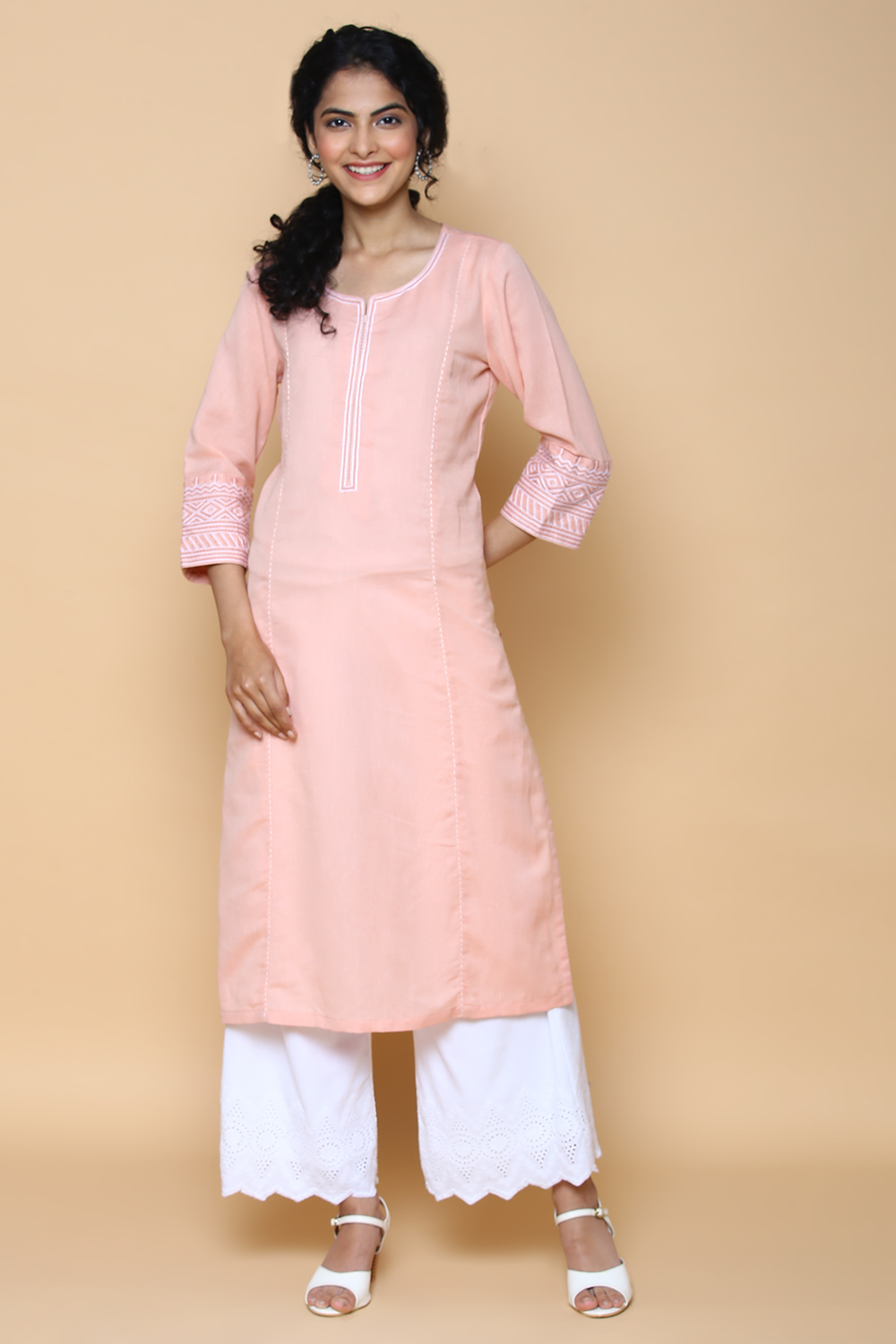 Peach Blue Cotton Linen Kurta image number 0