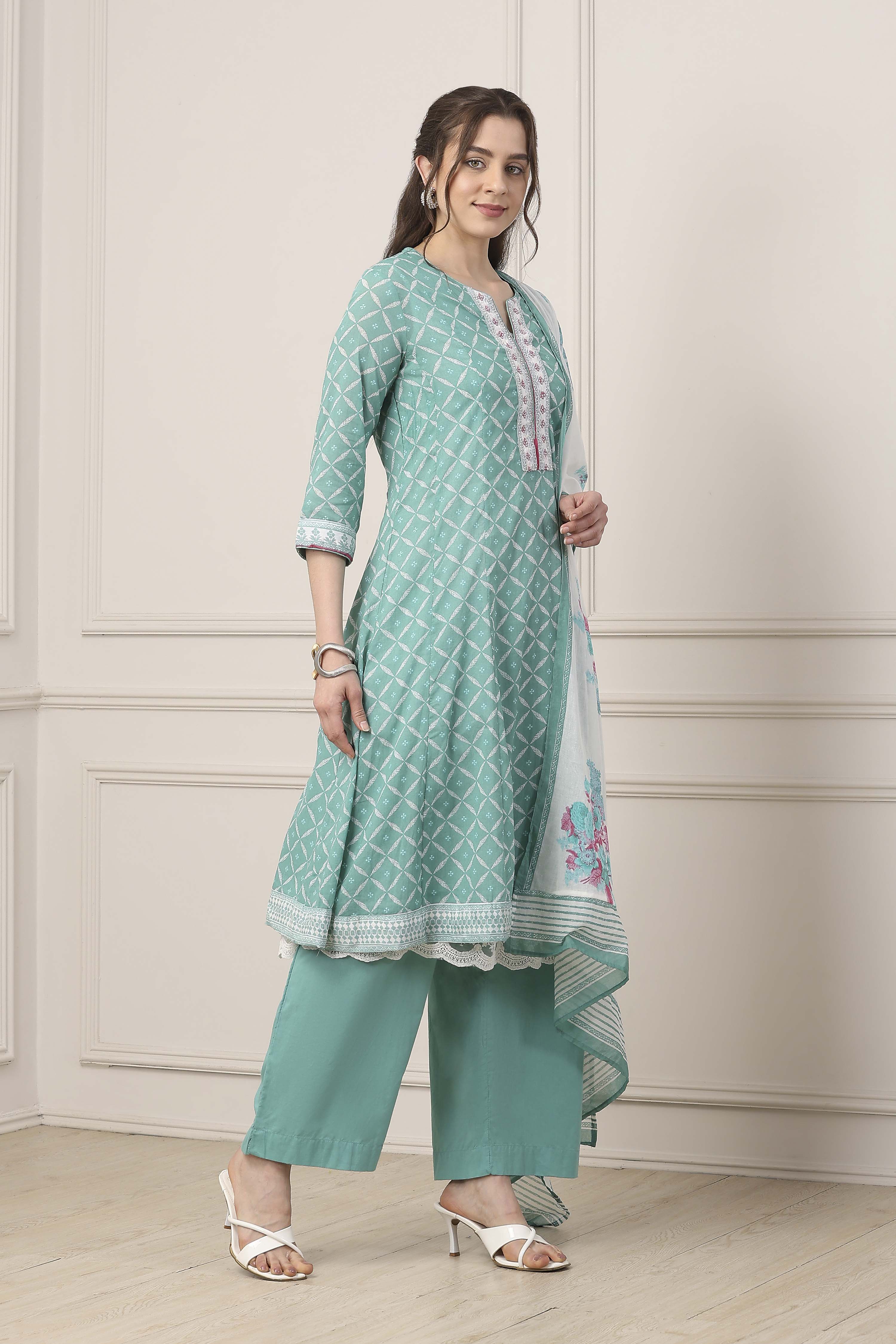 Turquoise Cotton Anarkali Kurta Palazzo Suit Set image number 5