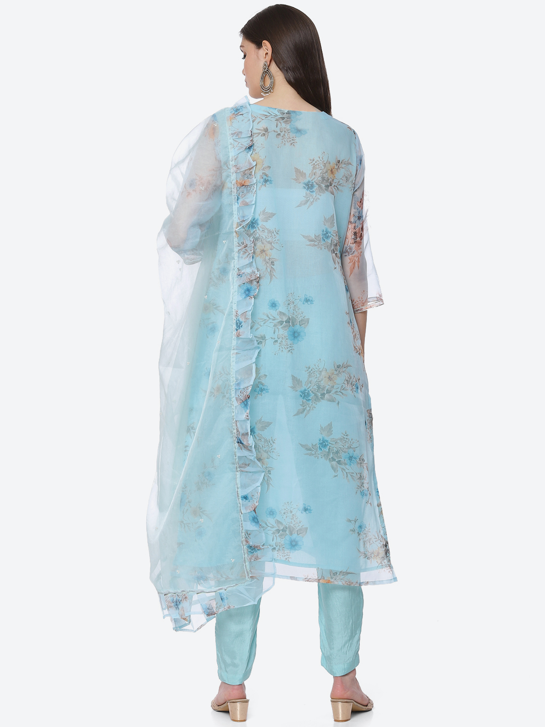 Blue Organza Unstitched Suit Set image number 4