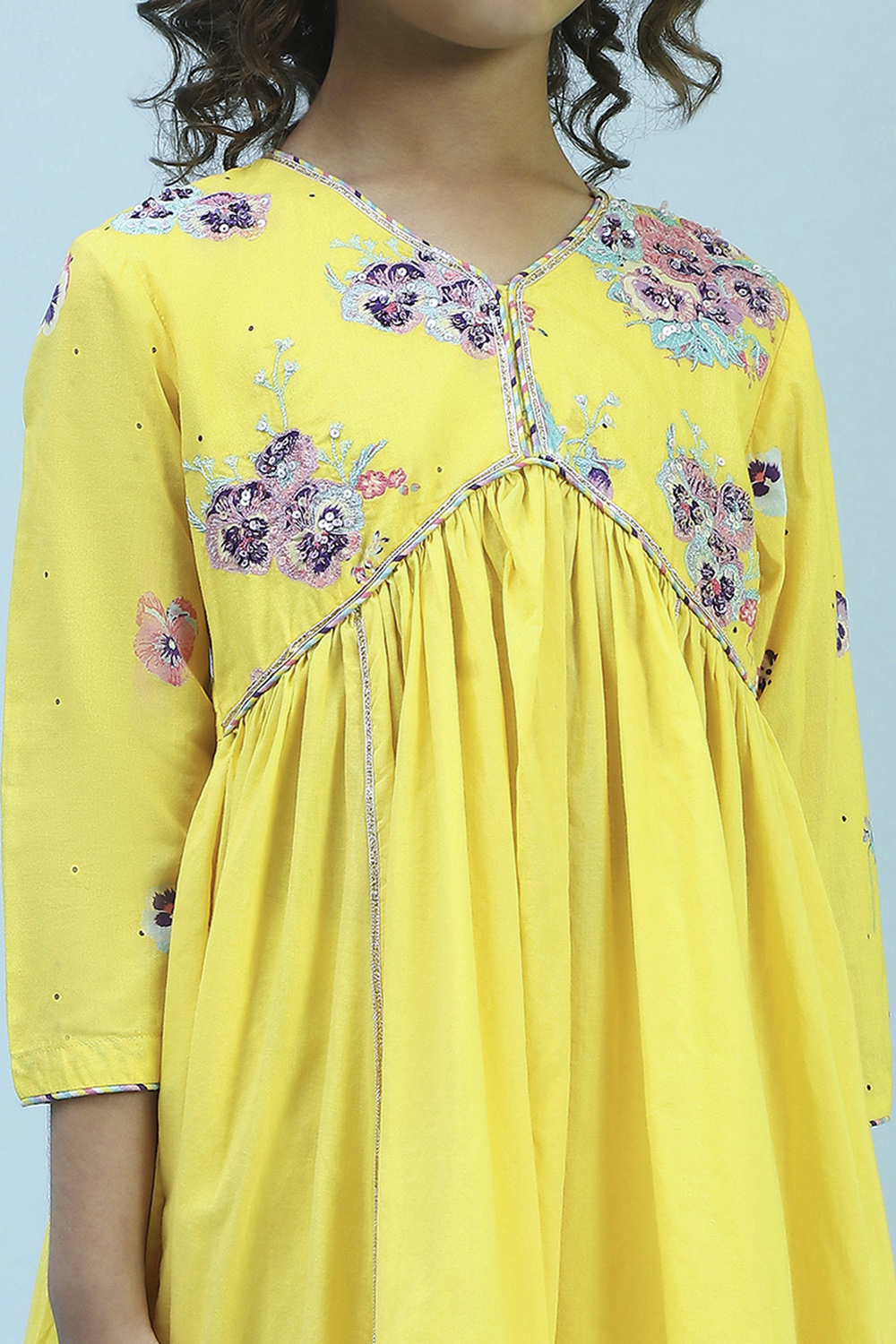 Yellow Cotton Gathered Suit Set image number 1
