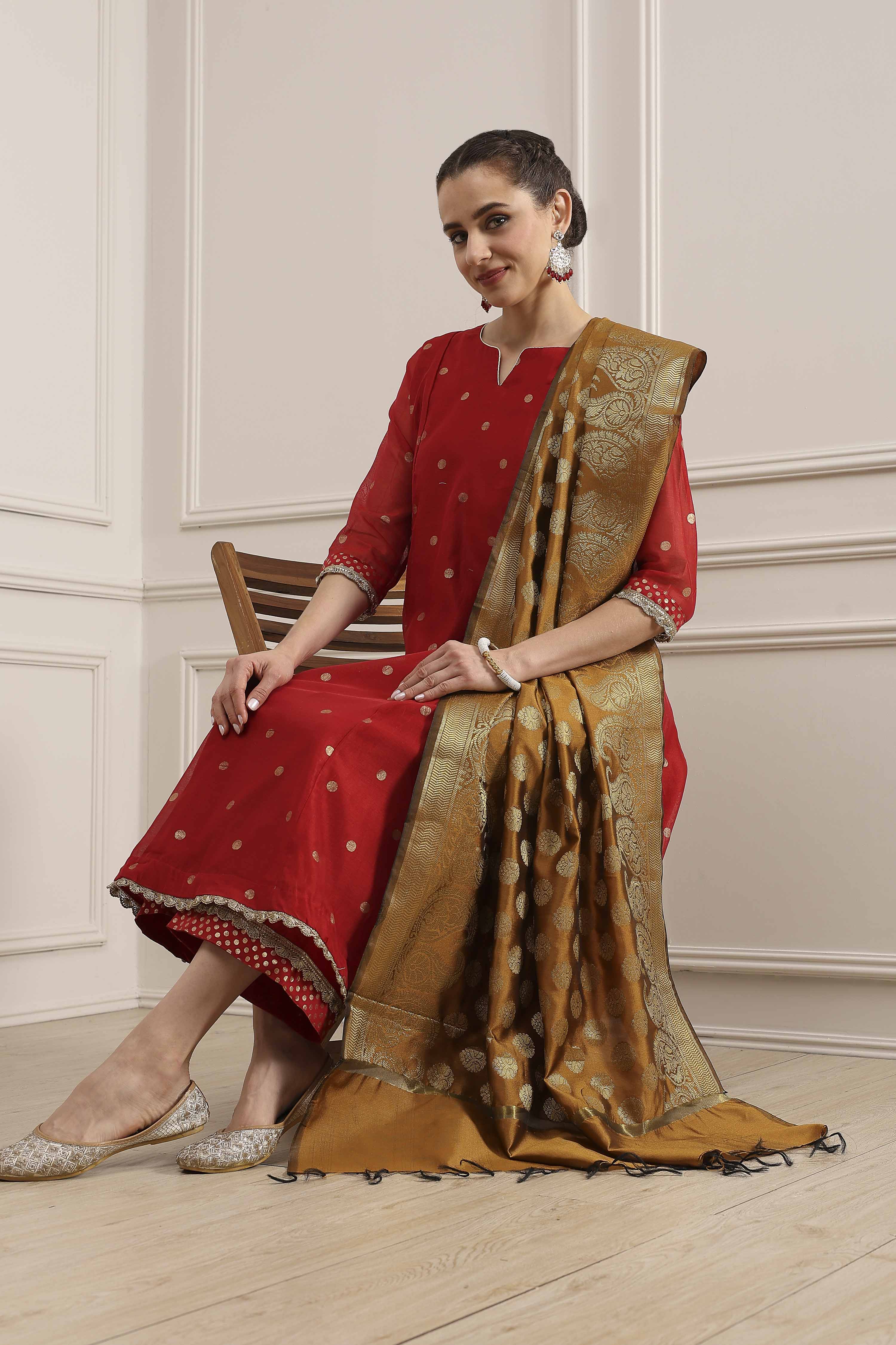 Mustard Polyester Yarndyed Dupatta image number 0