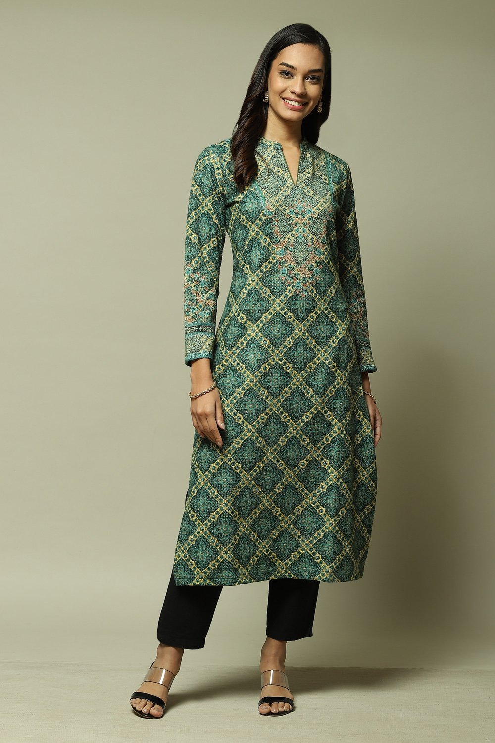 Orange Acrylic Straight Printed Kurta image number 1