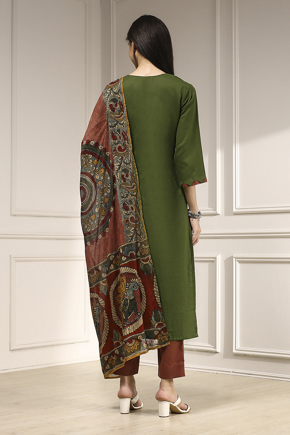 Green Cotton Hand Block Print Unstitched Suit Set image number 5