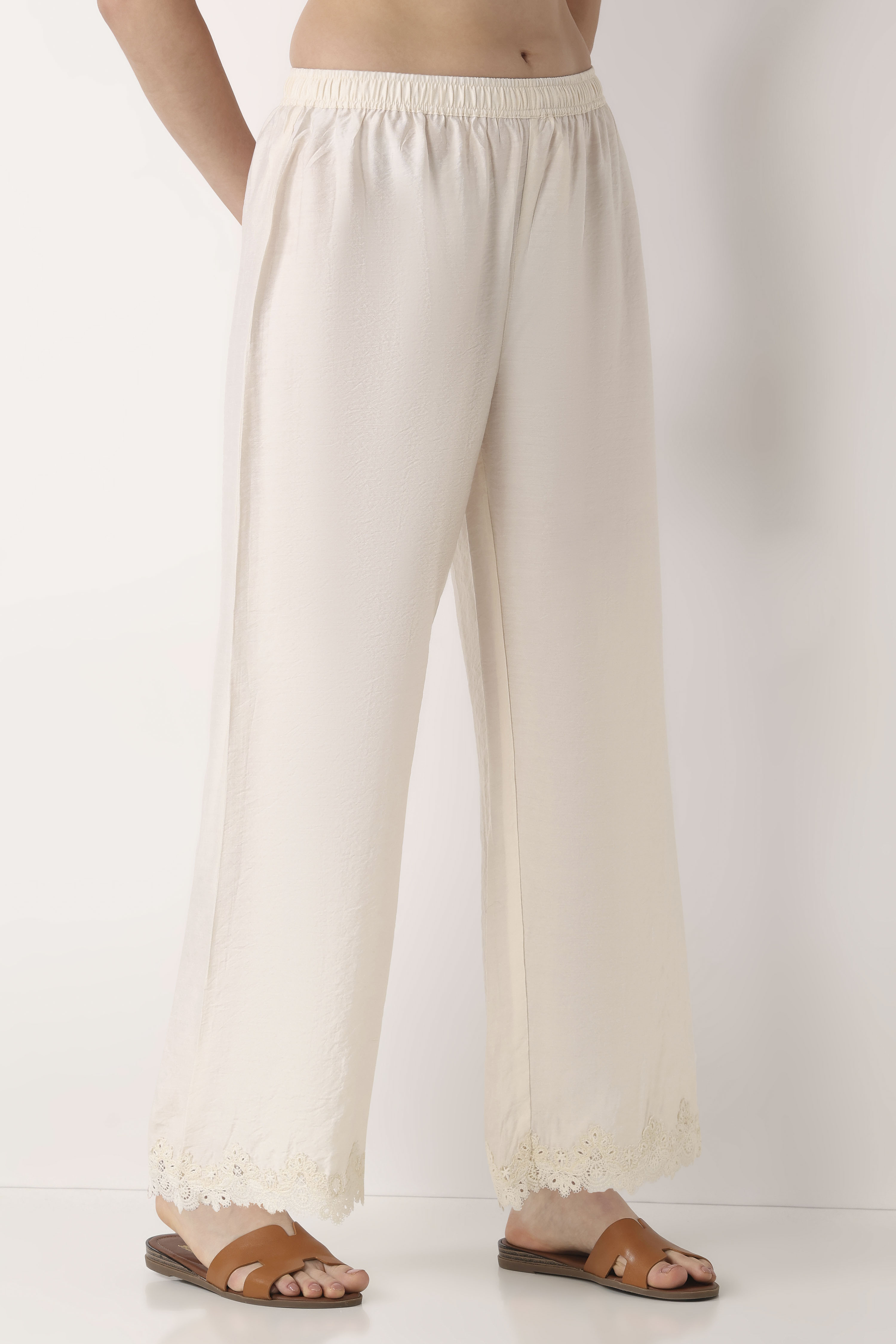 Off White Viscose Blend Straight Palazzos image number 3