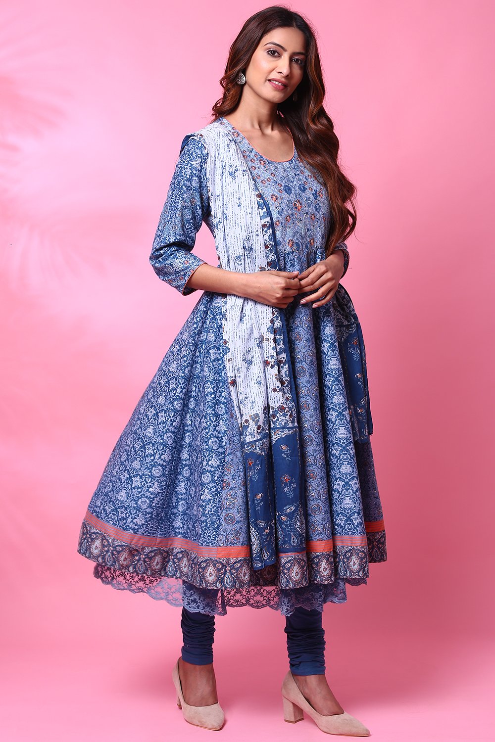 Grey Cotton Anarkali Kurta Churidar Suit Set image number 5