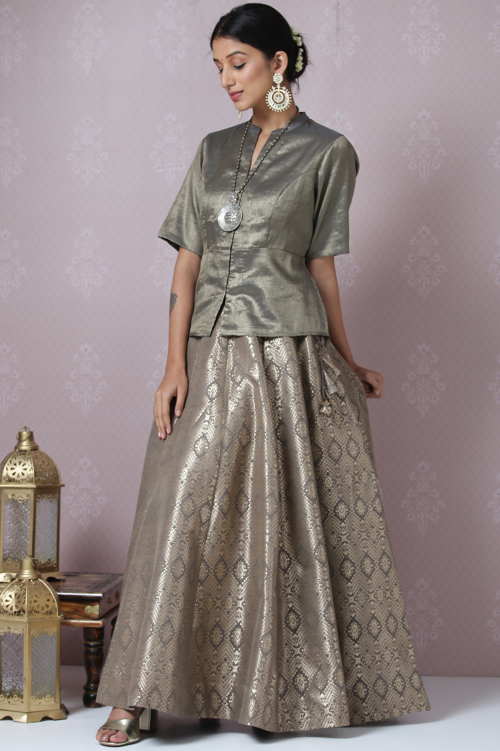 Sage Green Metallic Cotton Lehenga Set image number 6