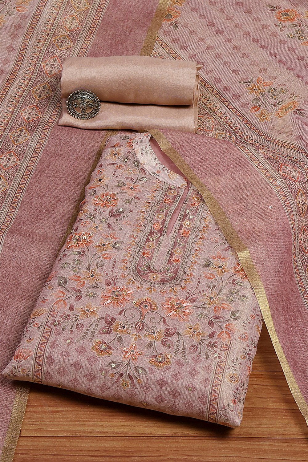 Lavender Chanderi Printed Unstitched Suit Set image number 0