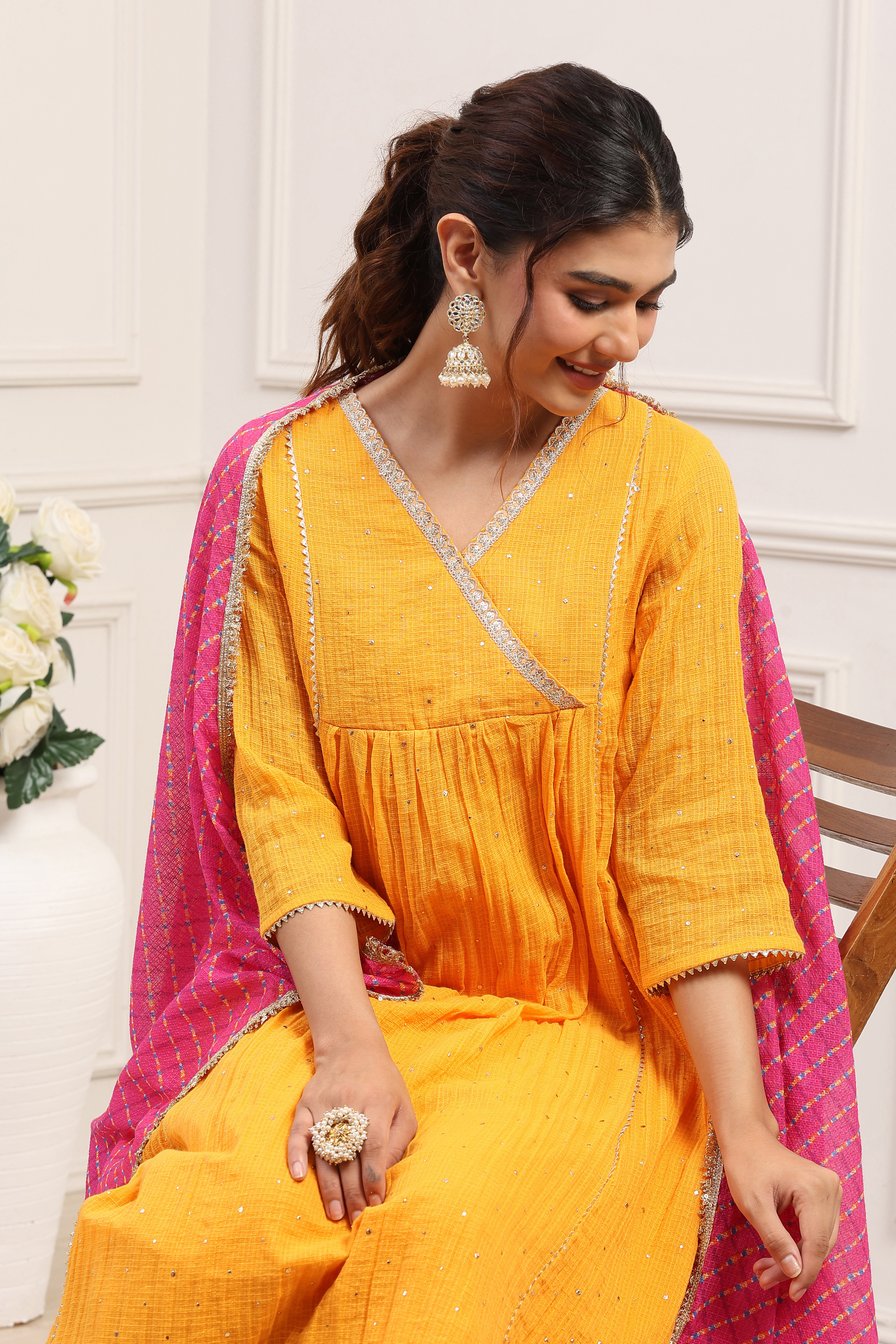 Yellow Cotton Anarkali Suit Set image number 7