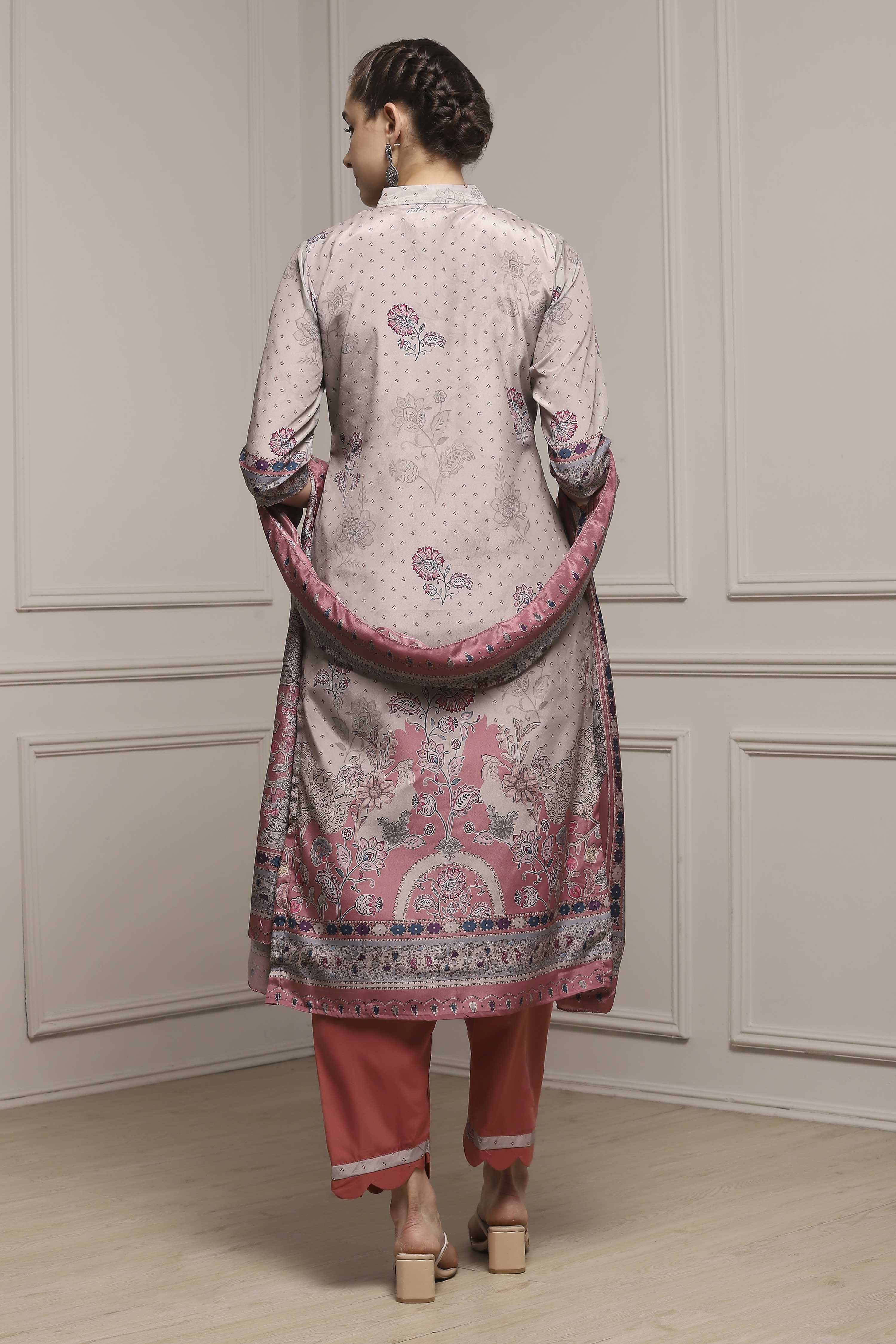 Brown Poly Crepe Digital Print Unstitched Suit Set image number 5