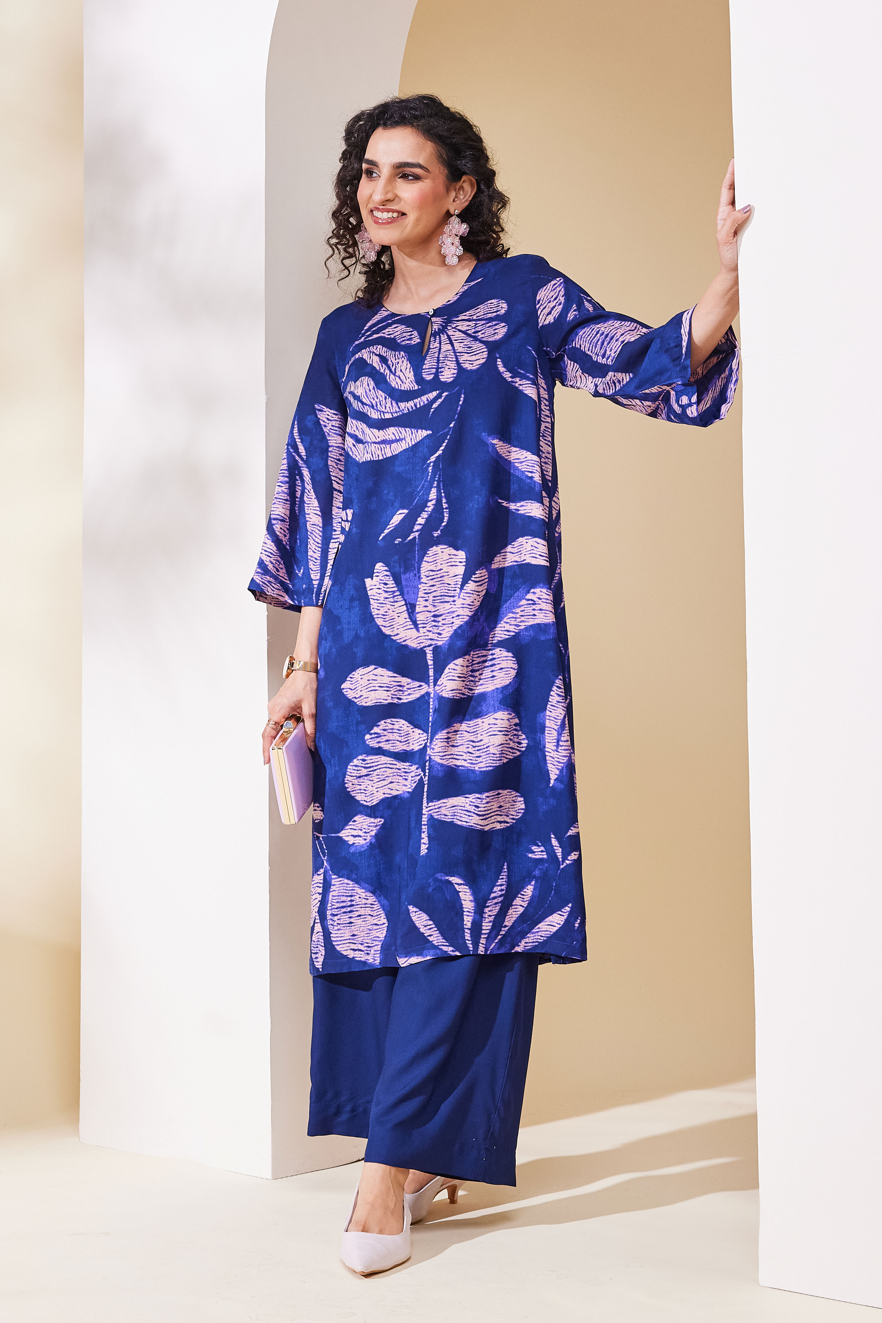 Blue Viscose Rayon A Line Kurta Pants Set image number 0