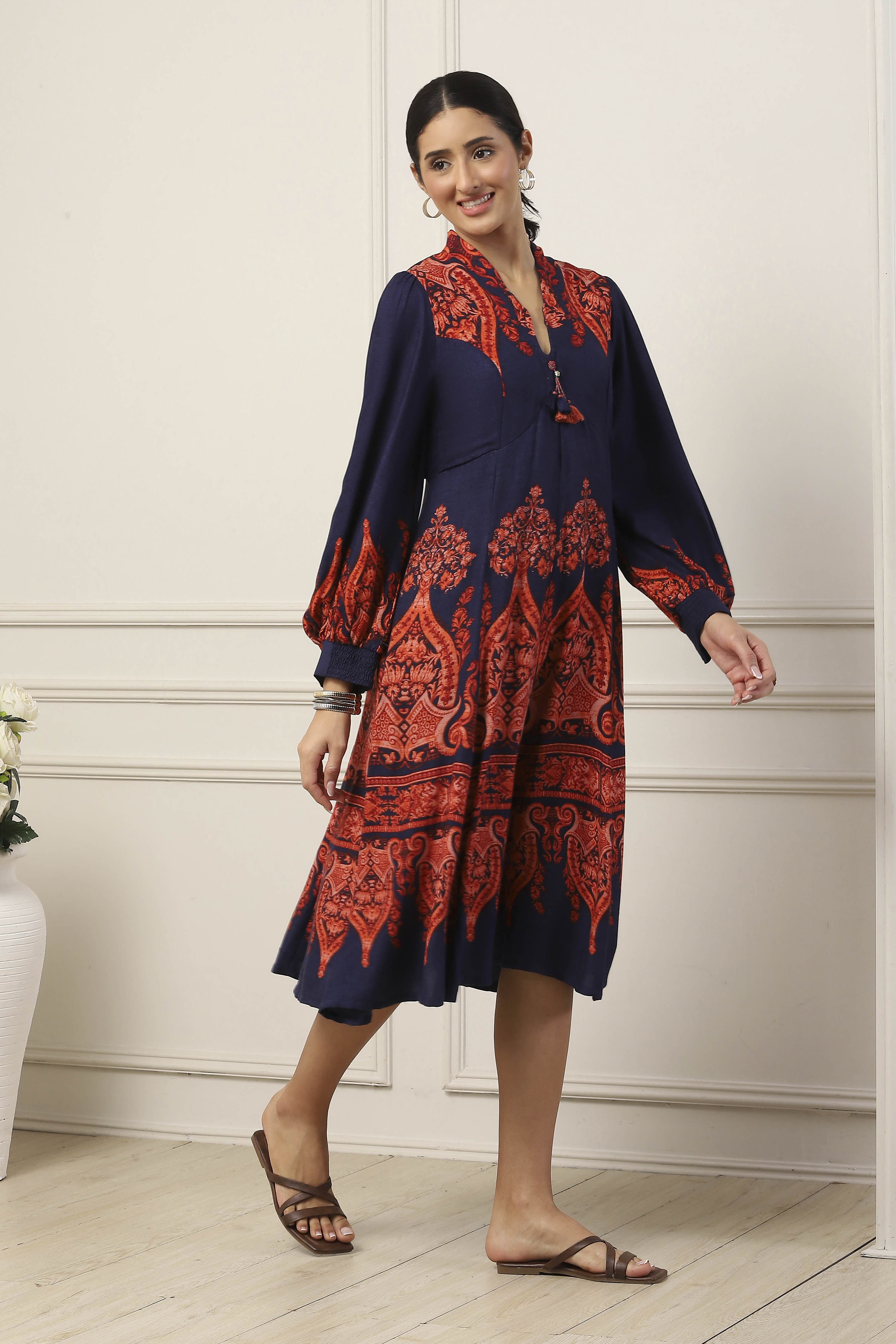 Navy Blue Viscose Rayon Ethnic Motif Printed Flared Dress image number 4