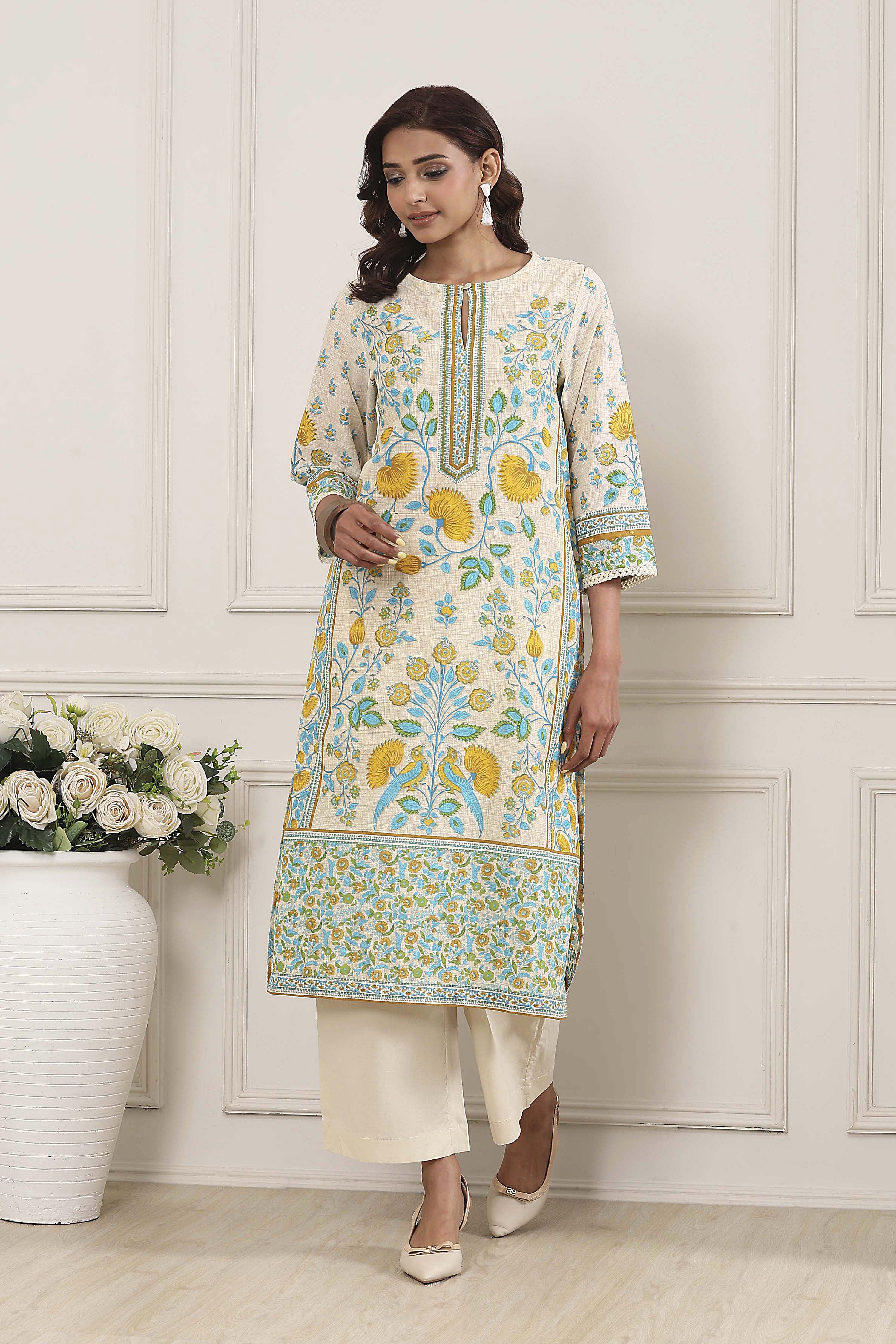 Off-White Cotton Printed Straight Kurta image number 5