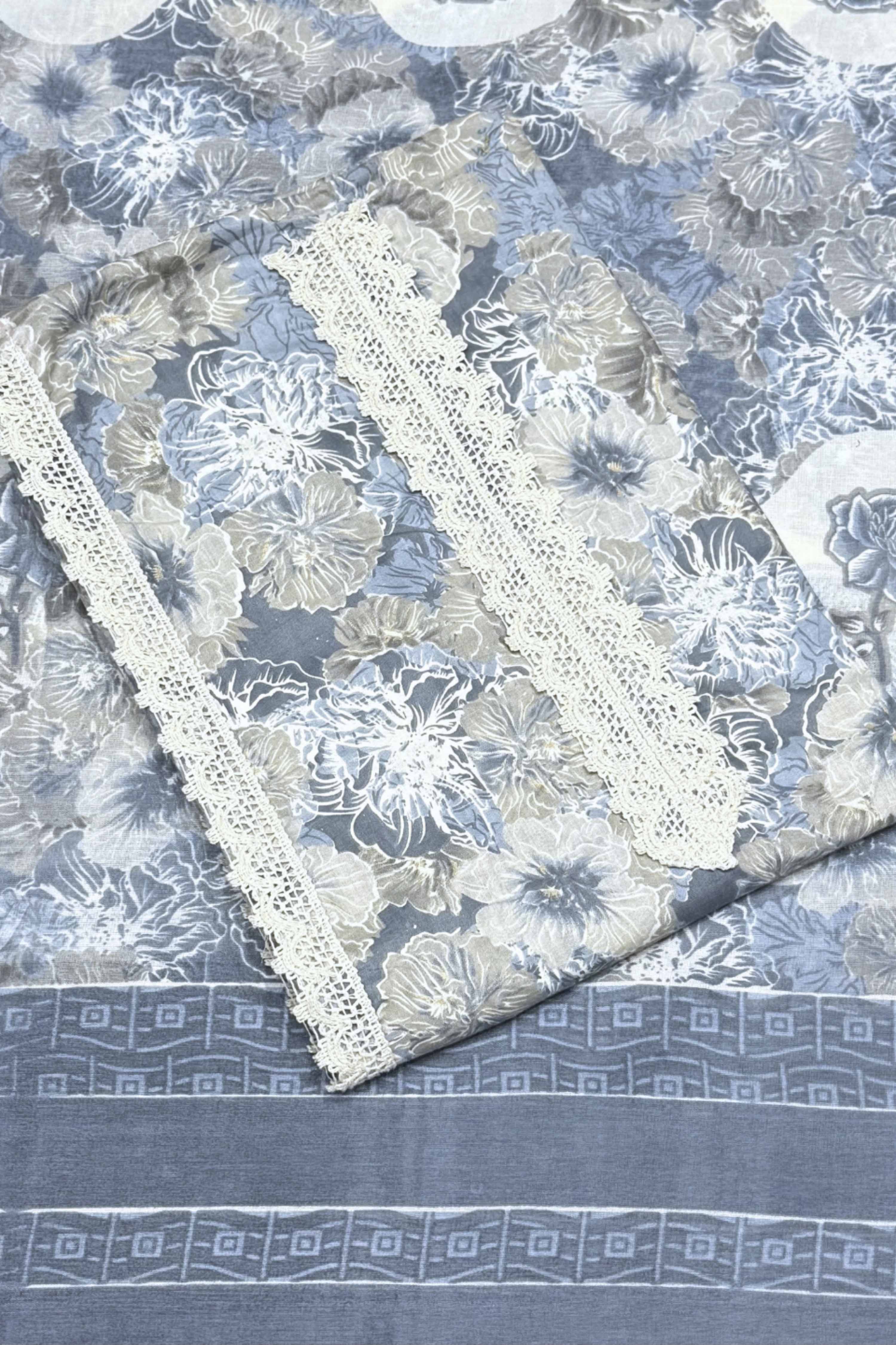 Grey Cotton Printed Unstitched Suit Set image number 1