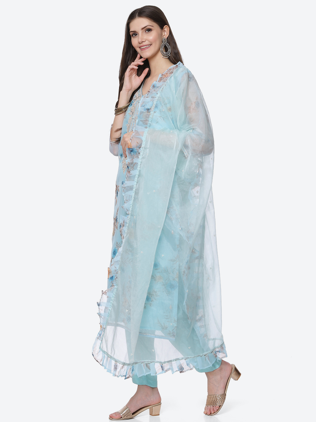 Blue Organza Unstitched Suit Set image number 6