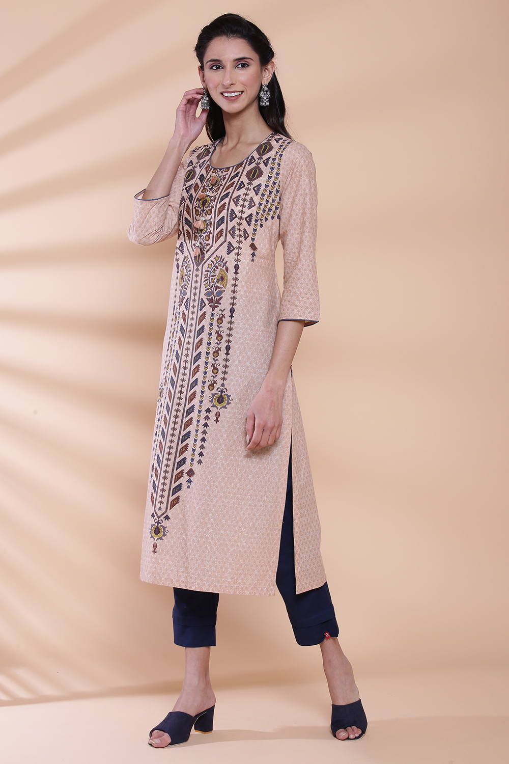 Blue Cotton Straight Printed Kurta image number 2